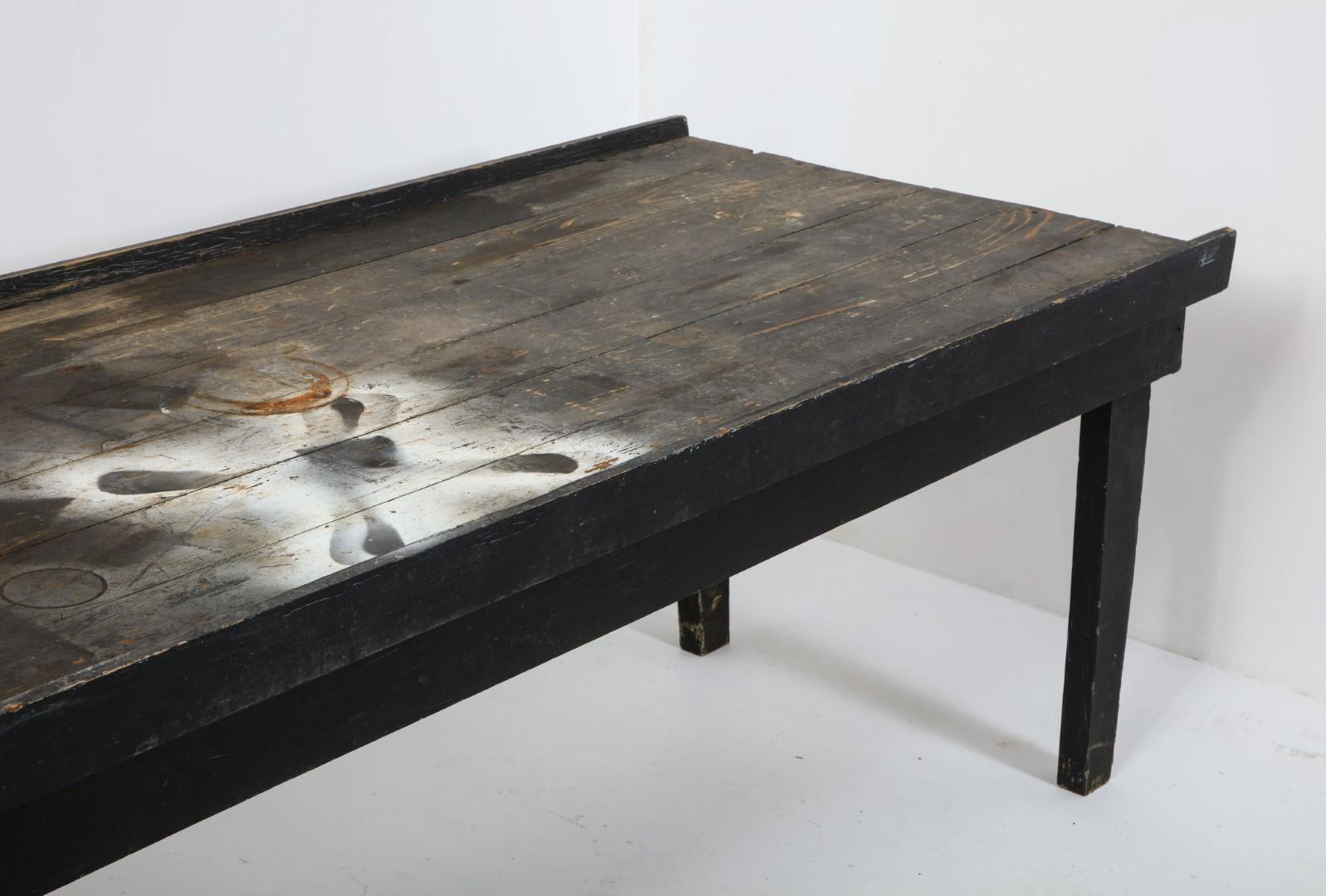 20th Century American Primitive Rustic Black Painted Oak Work Table For Sale 2