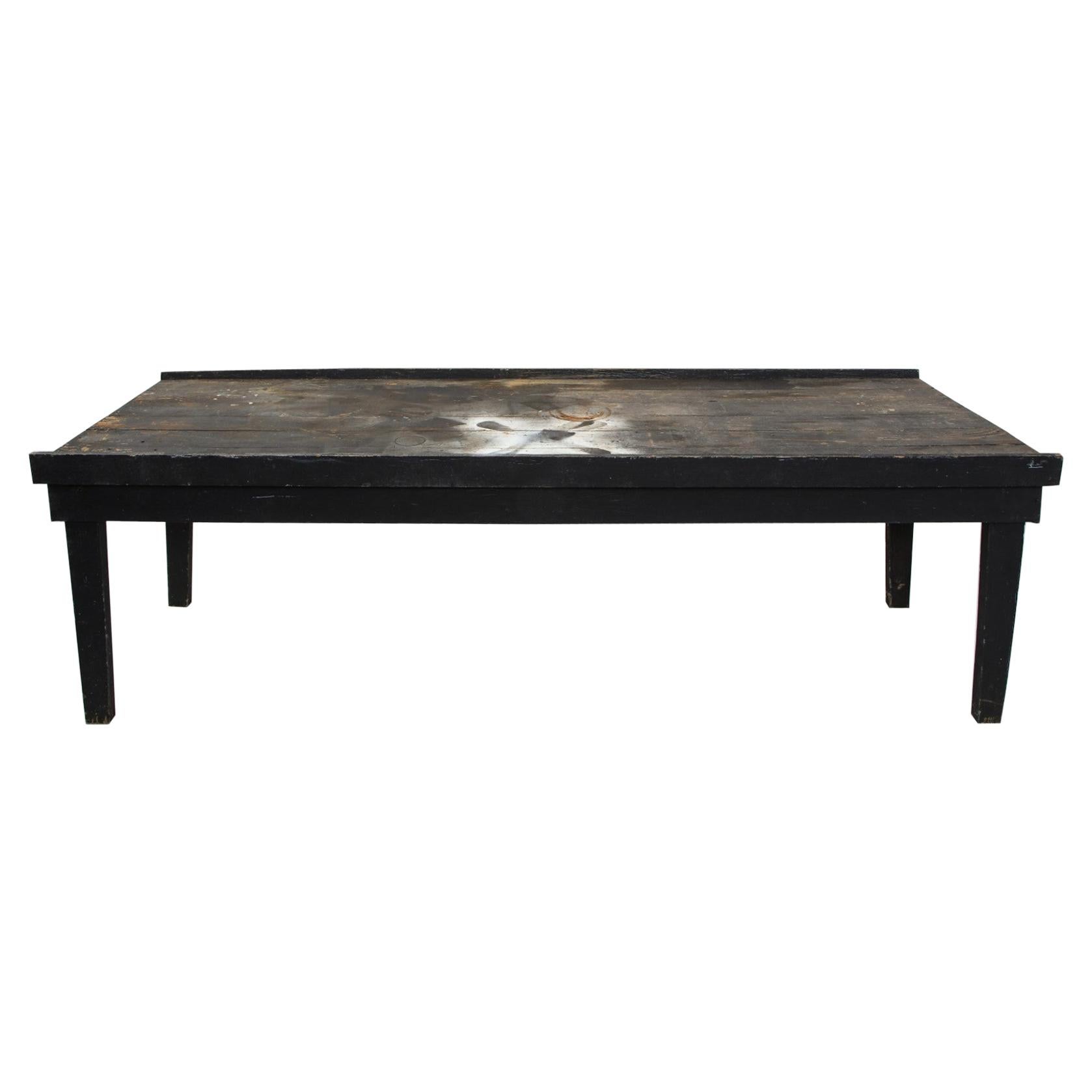 20th Century American Primitive Rustic Black Painted Oak Work Table For Sale