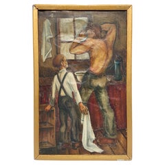 20th Century American Regionalist Double Sided WPA Style Painting of Man and Boy