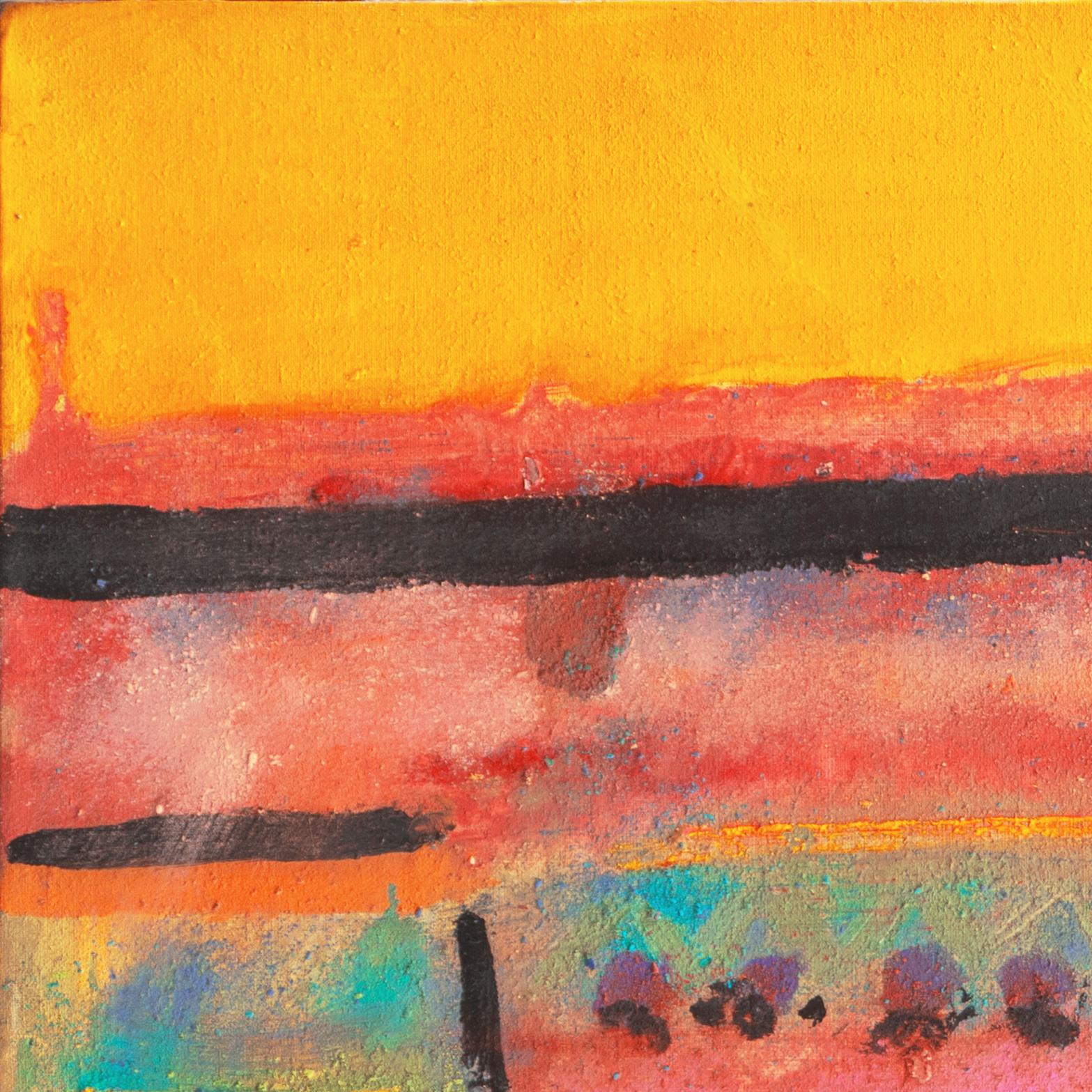 American School, unsigned and painted circa 1975.

A vivid and upbeat oil abstract comprising discrete areas of golden-yellow, coral and aqua-turquoise composed to evoke a sunlit landscape.