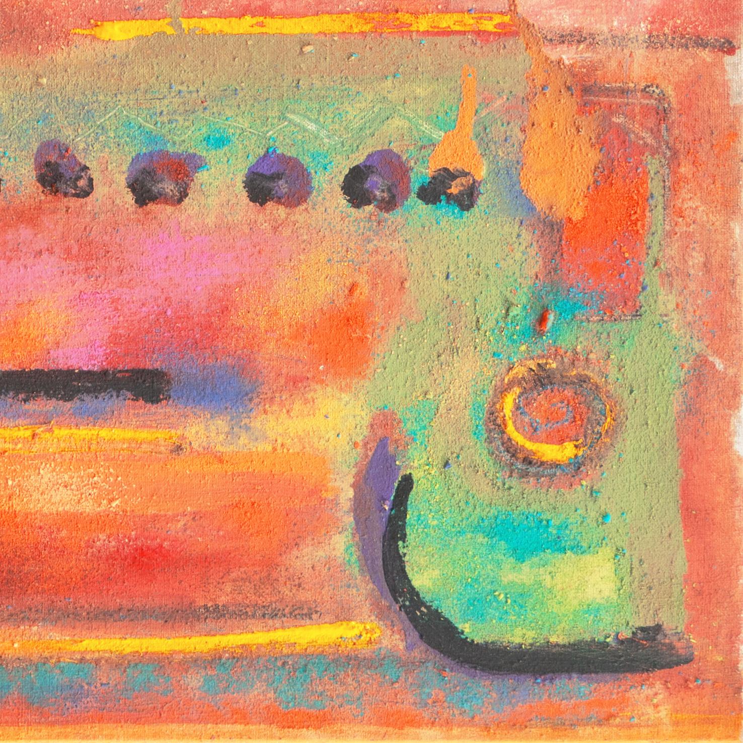 Amerikanische Schule, unsigniert, gemalt um 1975.

Ein lebhaftes und fröhliches abstraktes Ölgemälde, das aus einzelnen goldgelben, korallenfarbenen und türkisblauen Flächen besteht, die an eine sonnenbeschienene Landschaft erinnern.