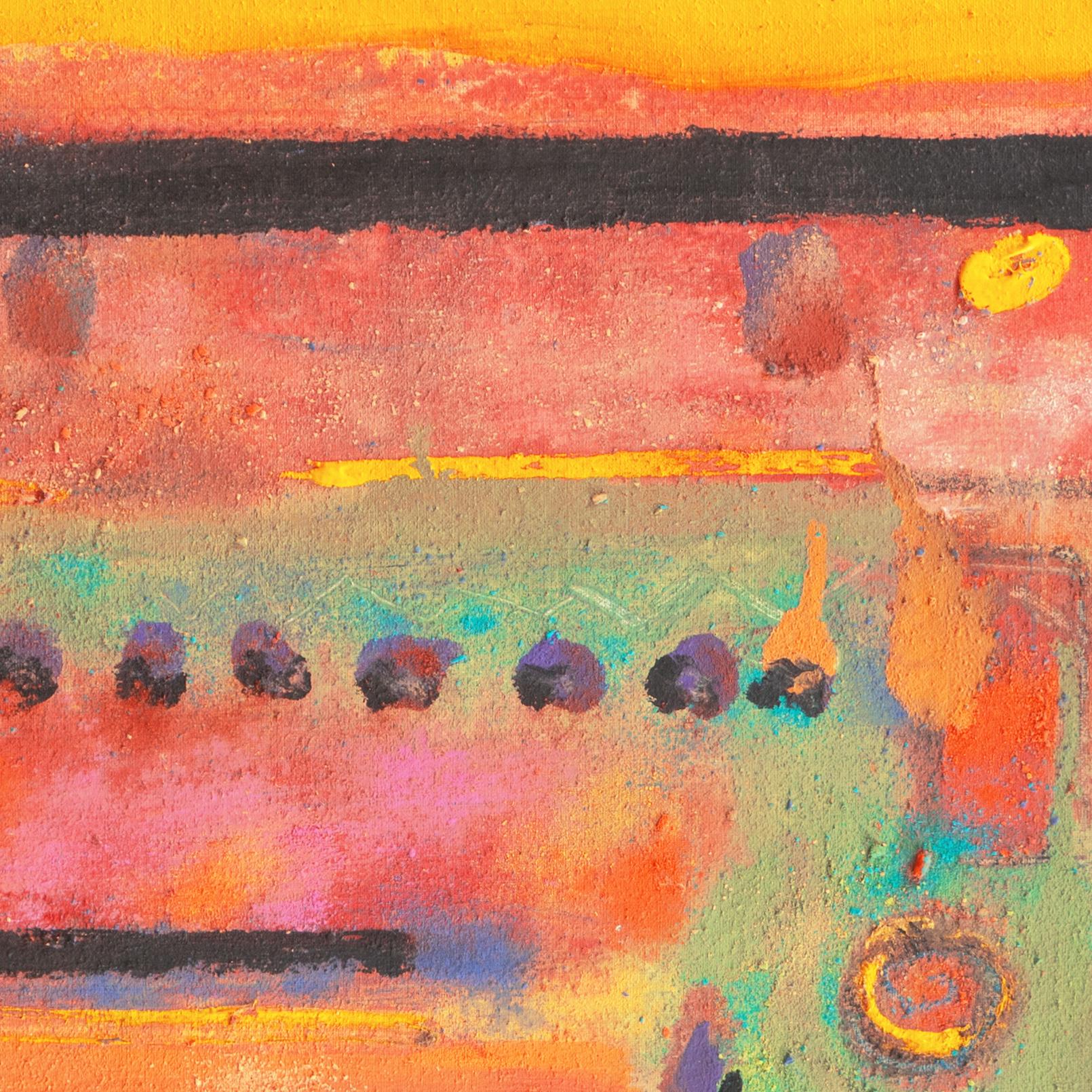 'Abstraction in Coral, Aqua and Gold', 1970's American School Abstract Oil For Sale 5