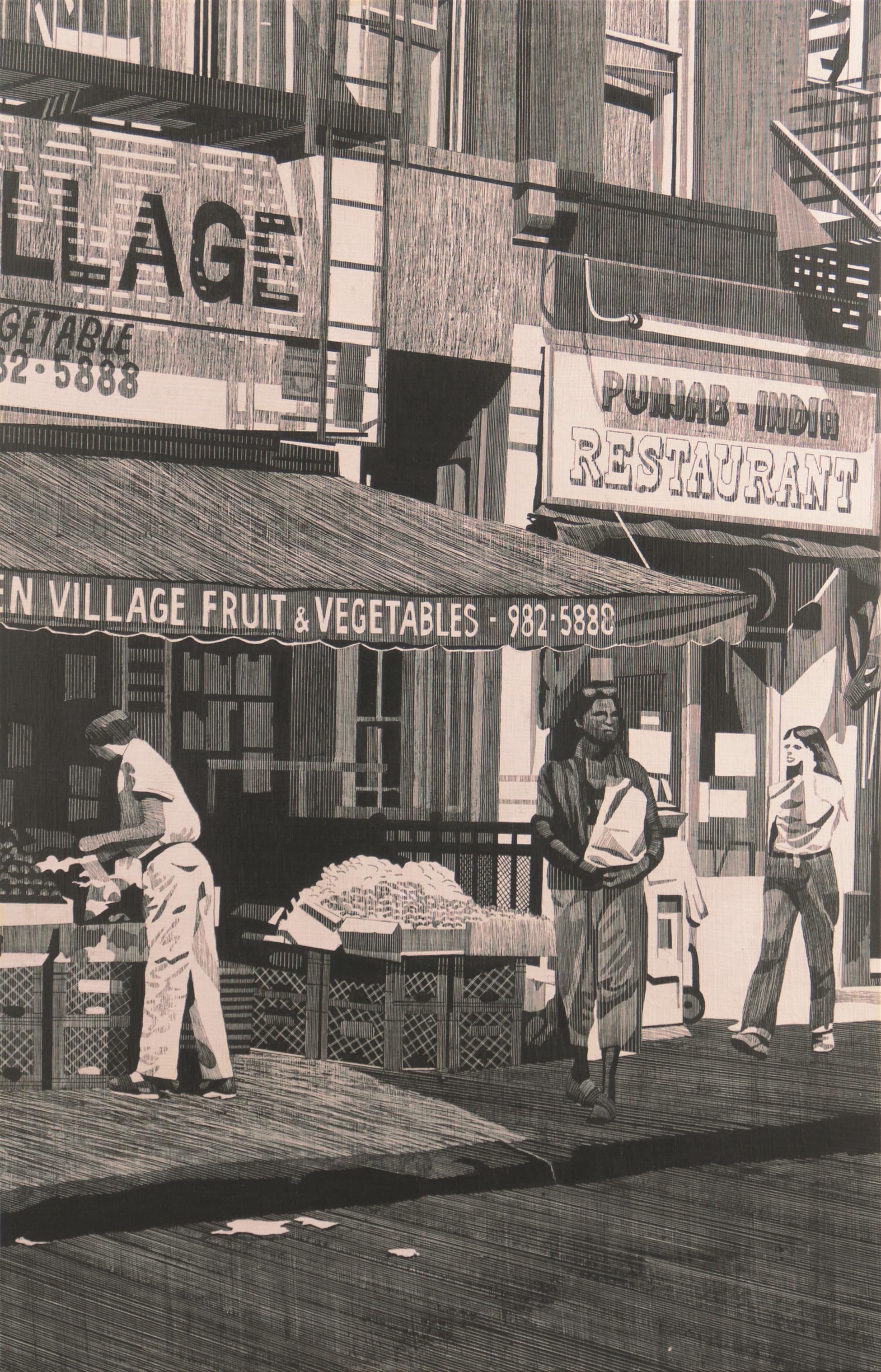 „Green Village Market, Bleecker Street“, Manhattan, New York, Grisaille Diptychon (Moderne), Painting, von 20th century American School