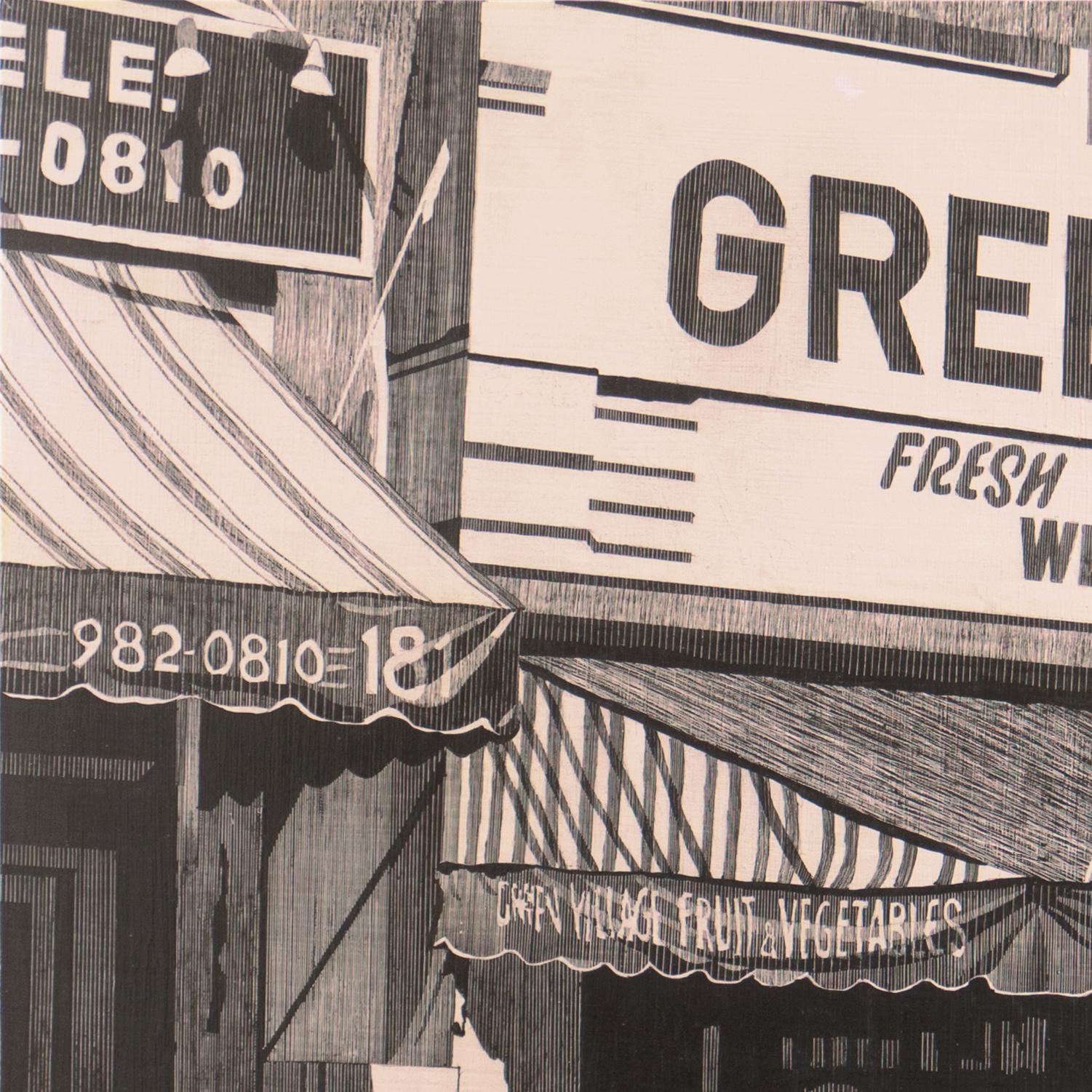 „Green Village Market, Bleecker Street“, Manhattan, New York, Grisaille Diptychon (Grau), Landscape Painting, von 20th century American School