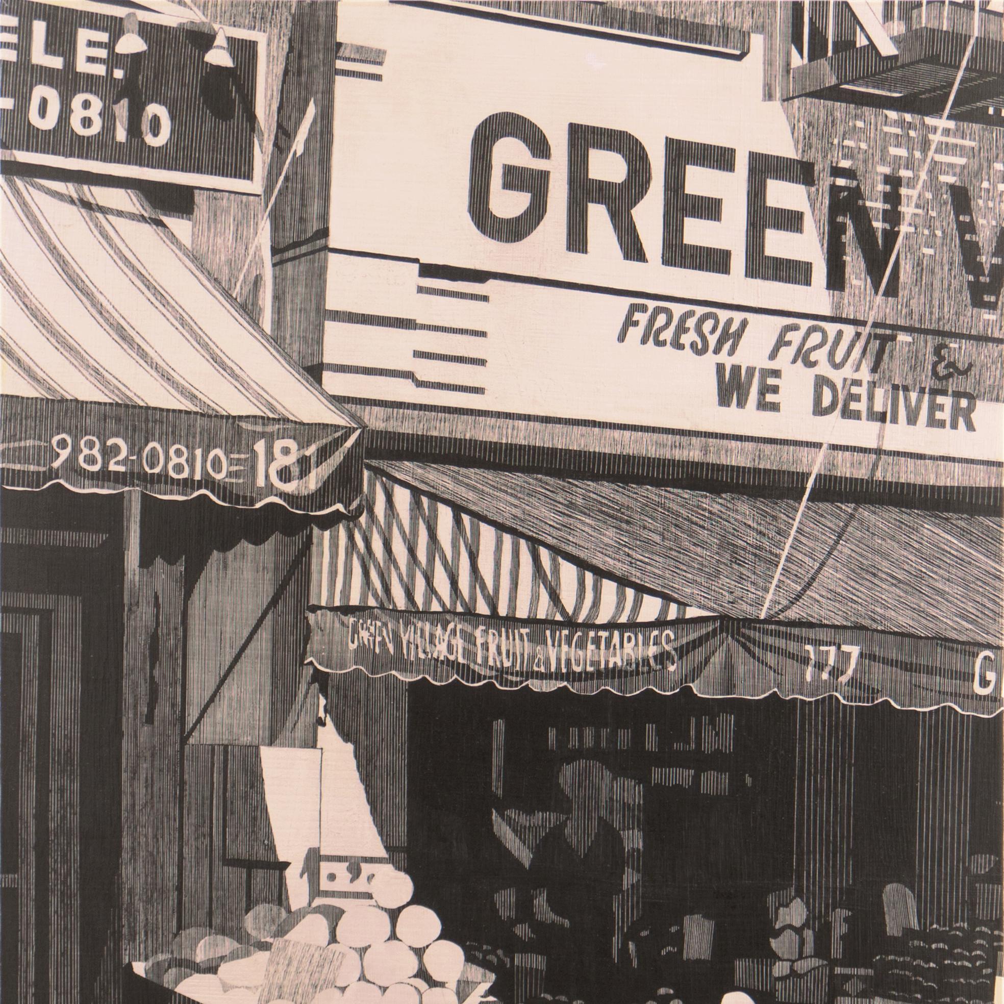 Un díptico muy grande de la Escuela Americana que muestra este monumento de época de Greenwich Village con varios peatones que pasan mientras un ayudante arregla la exposición de productos; un recuerdo sustancial de un momento particular de la