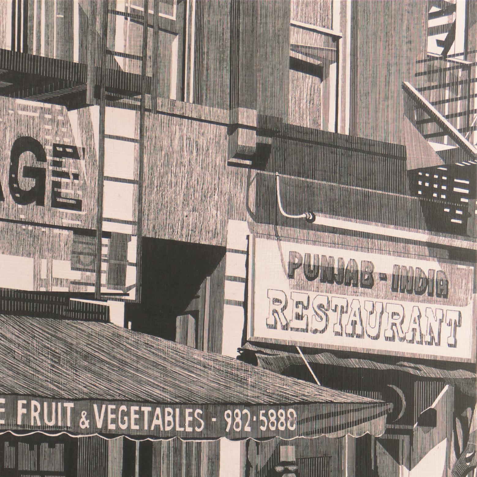 A very large American School diptych showing this vintage Greenwich Village landmark with various pedestrians passing by as an assistant arranges the produce display; a substantial memento of a particular moment in Manhattan history painted in a