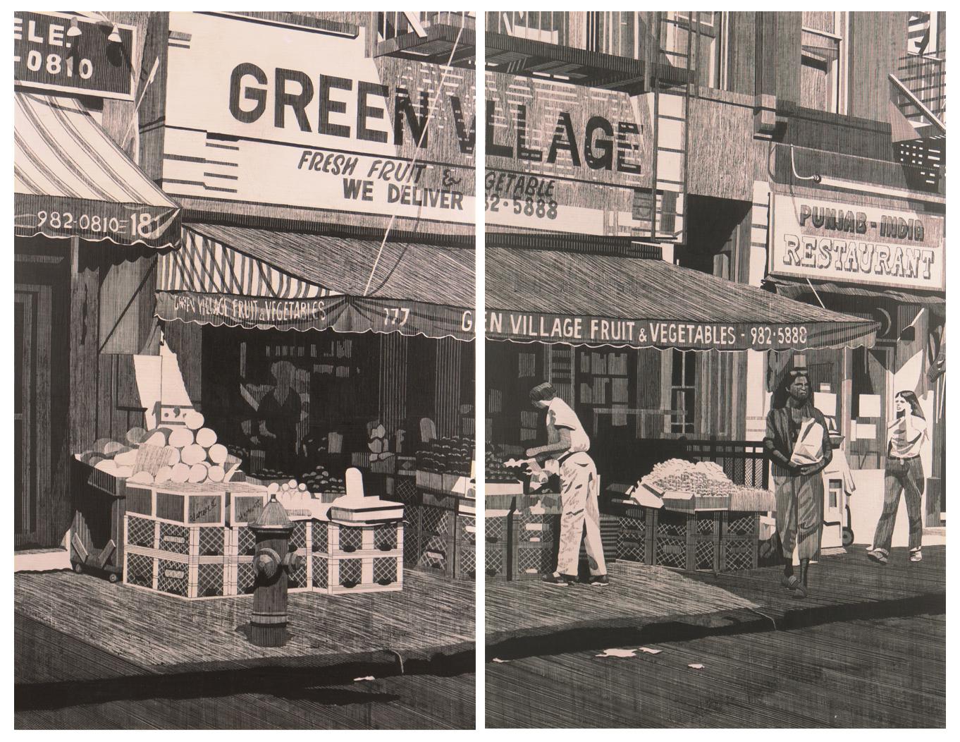 'Green Village Market, Bleecker Street', Manhattan, New York, Grisaille Diptych