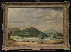 Grande peinture à l'huile traditionnelle représentant des soldats à cheval sur un paysage de lac, signée