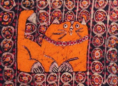 Vintage 'Orange Cat', Batik, Fabric Art, Folk Art