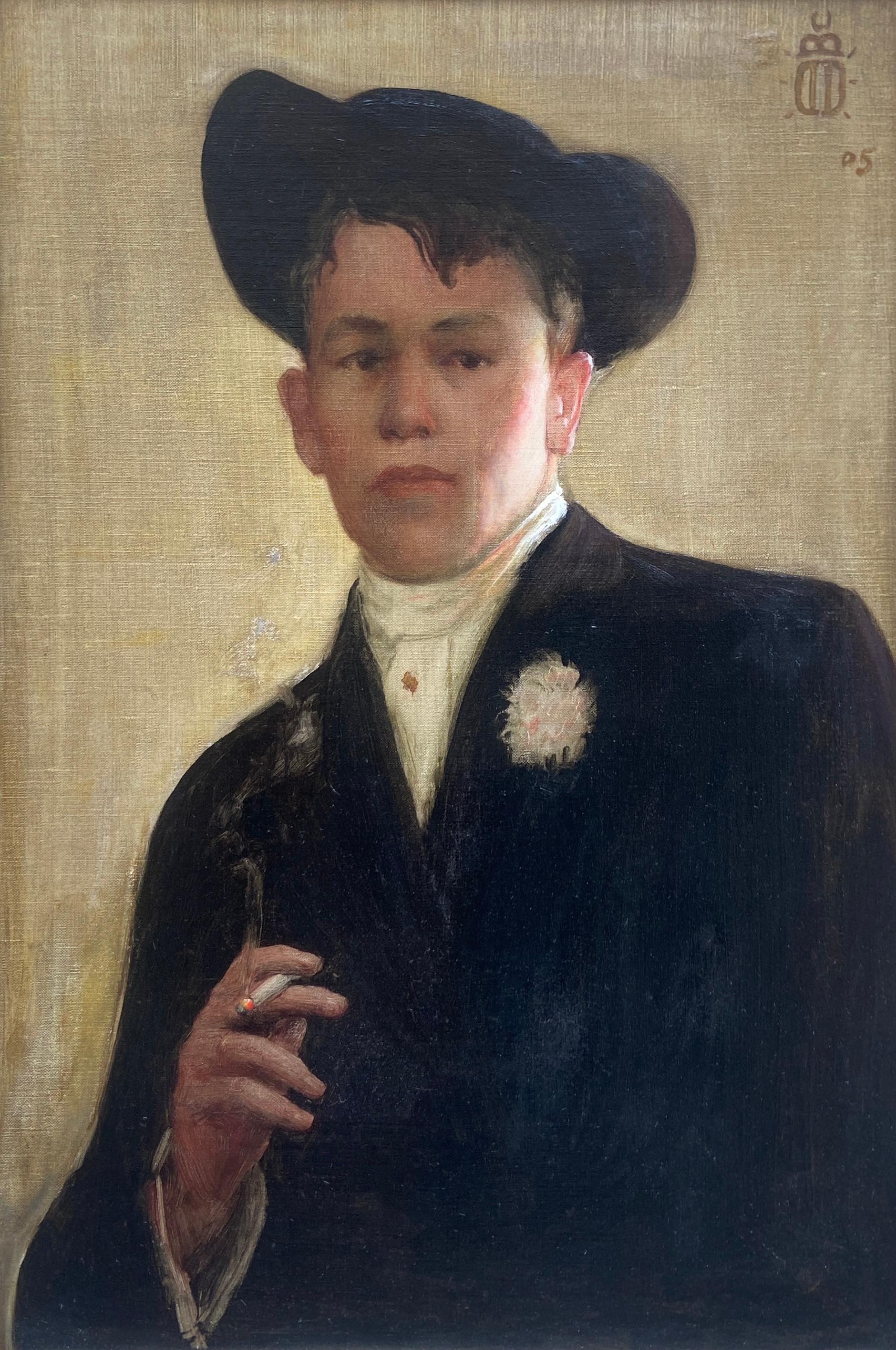 Ritratto di un giovane fumatore, pittura a olio americana dei primi del Novecento 3