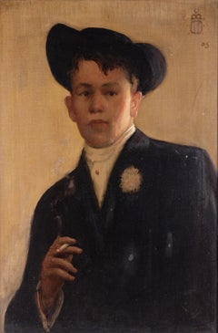 Portrait of a Smoking Young Man, Early 20th Century American Oil Painting