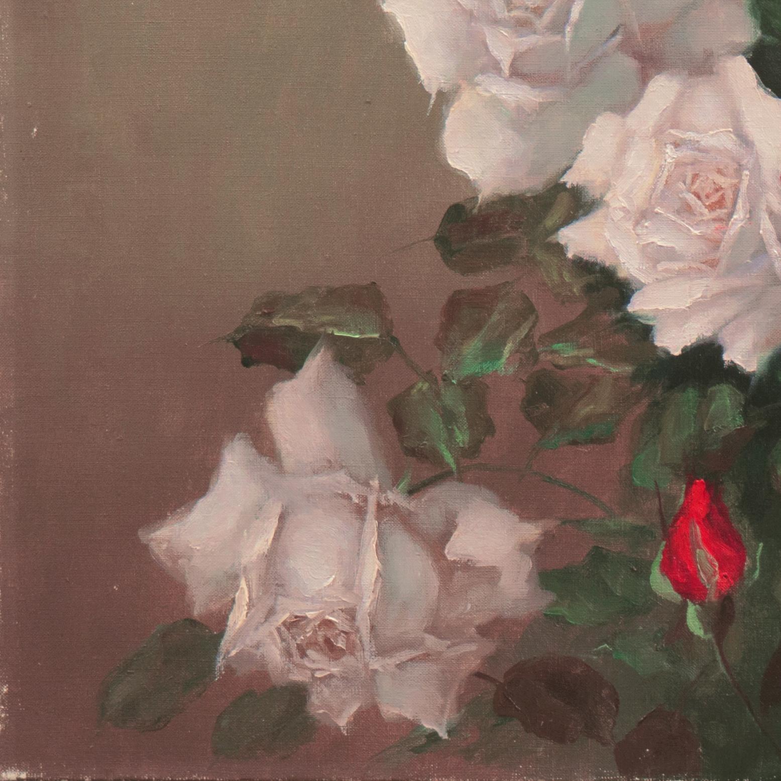 'Red and White Roses', Horticultural, Botanical, Flowers - Painting by 20th century American School