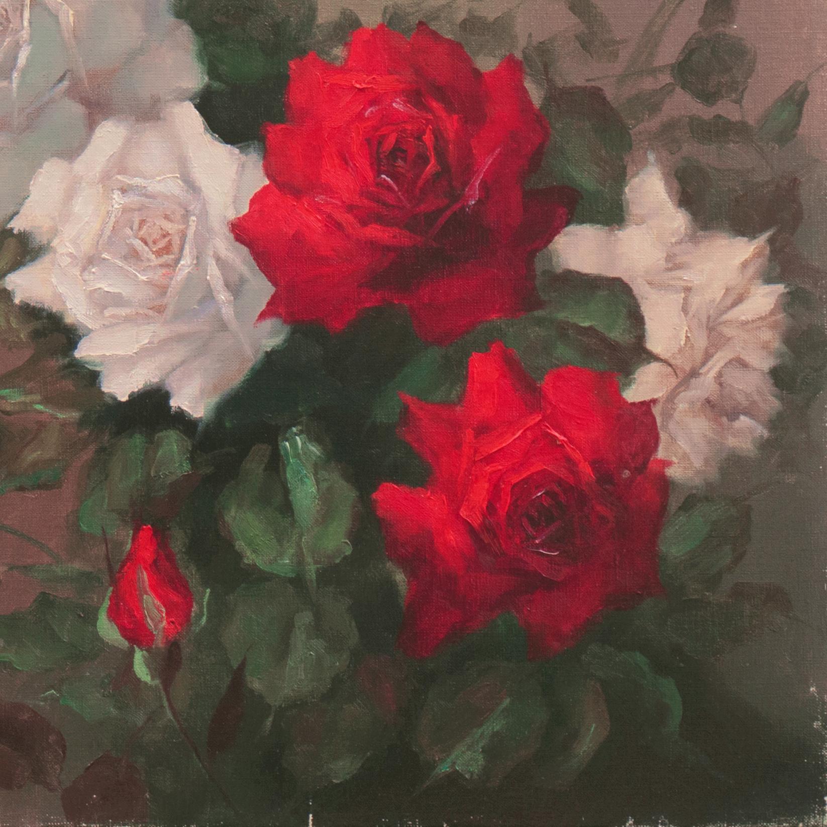 'Red and White Roses', Horticultural, Botanical, Flowers - Impressionist Painting by 20th century American School