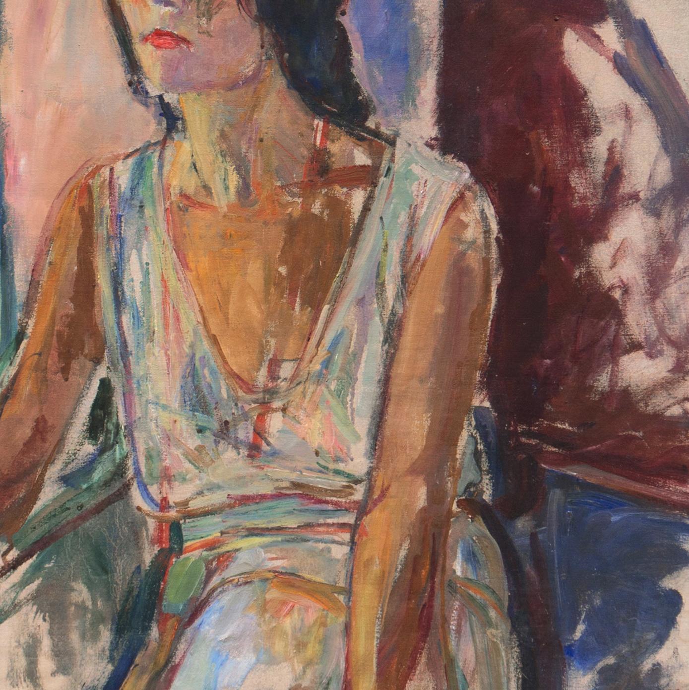 'Study of a Young Woman Seated', Large Expressionist Figural Oil, Female, Deco - Brown Figurative Painting by 20th century American School