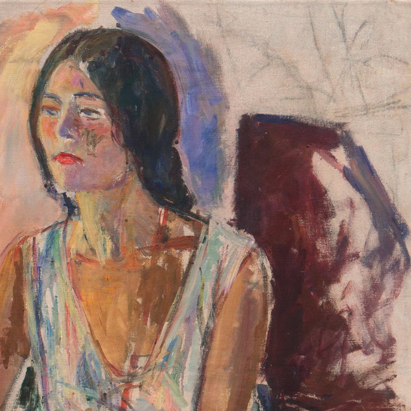 A substantial, American School figural oil of a young woman with dark hair shown seated, wearing a simple white cotton shift and gazing to the viewer's left. 
A dramatically composed and psychologically penetrating character study by a bravura hand;