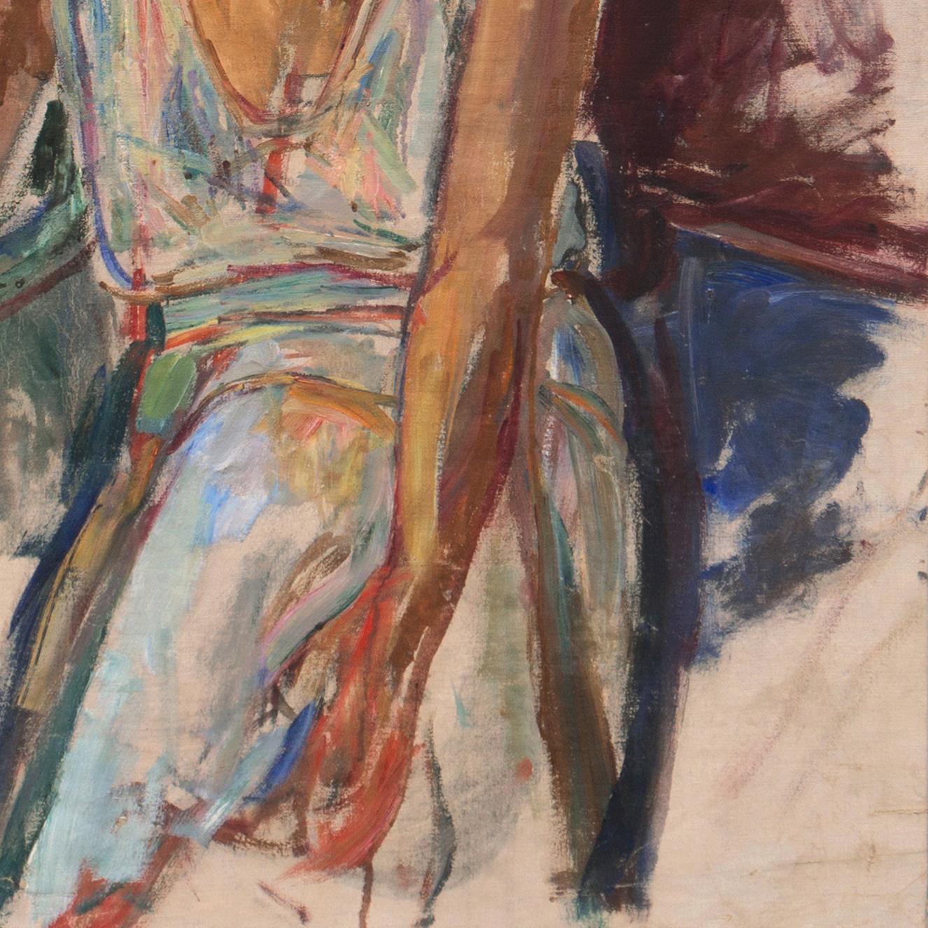 'Study of a Young Woman Seated', Large Expressionist Figural Oil, Female, Deco For Sale 1