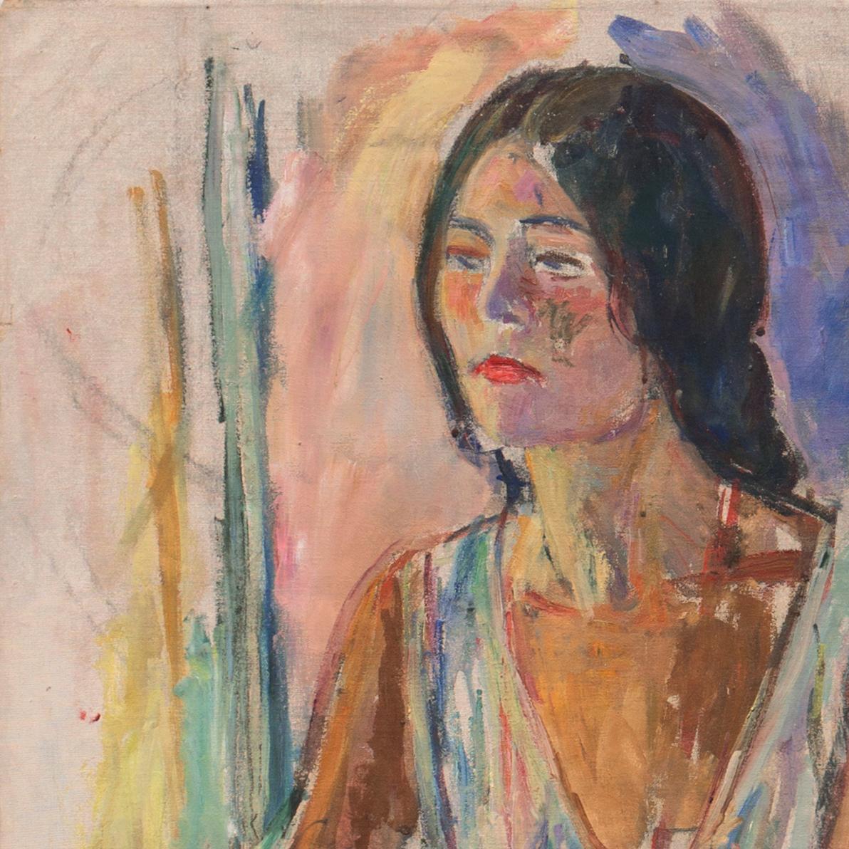 'Study of a Young Woman Seated', Large Expressionist Figural Oil, Female, Deco For Sale 3