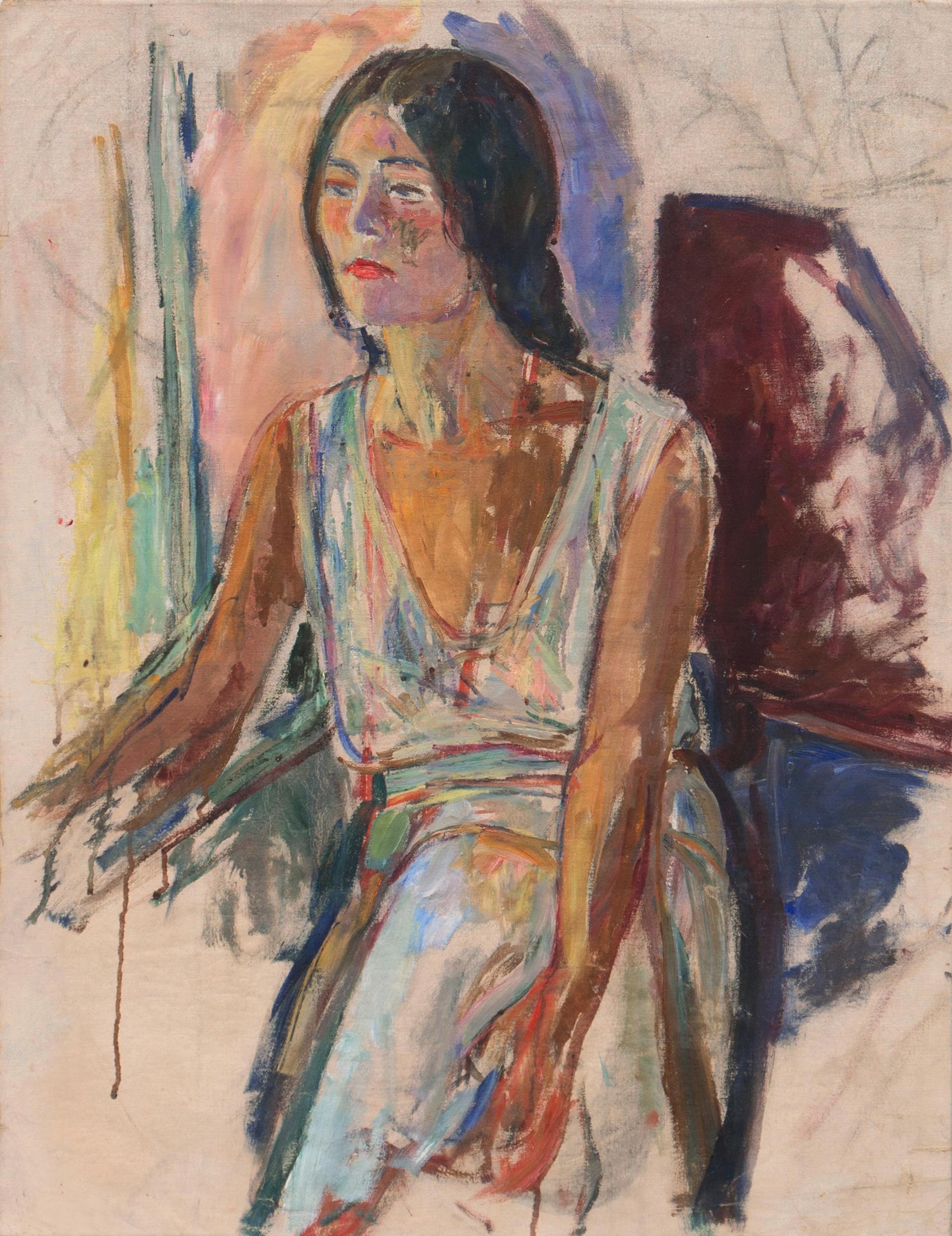 20th century American School Figurative Painting - 'Study of a Young Woman Seated', Large Expressionist Figural Oil, Female, Deco
