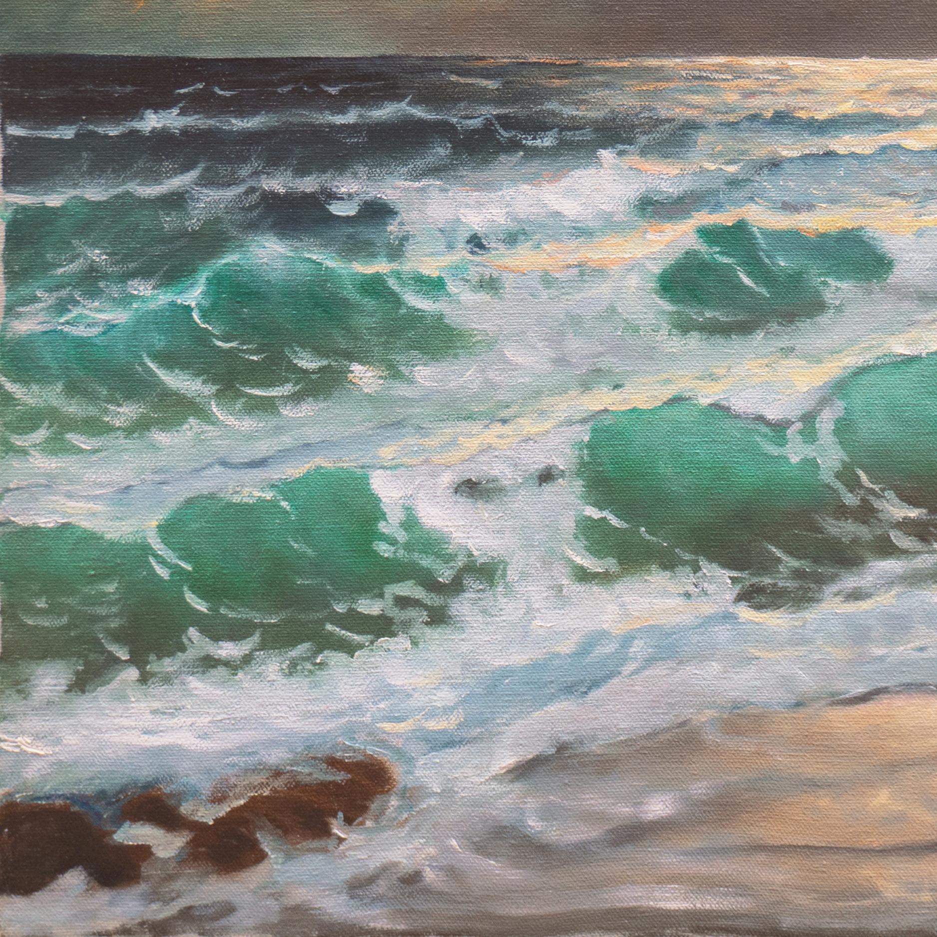 'Sunset Breakers, Rocky Coast'. Pacific Ocean Beach, Seascape, Cypress Trees  - Painting by 20th century American School