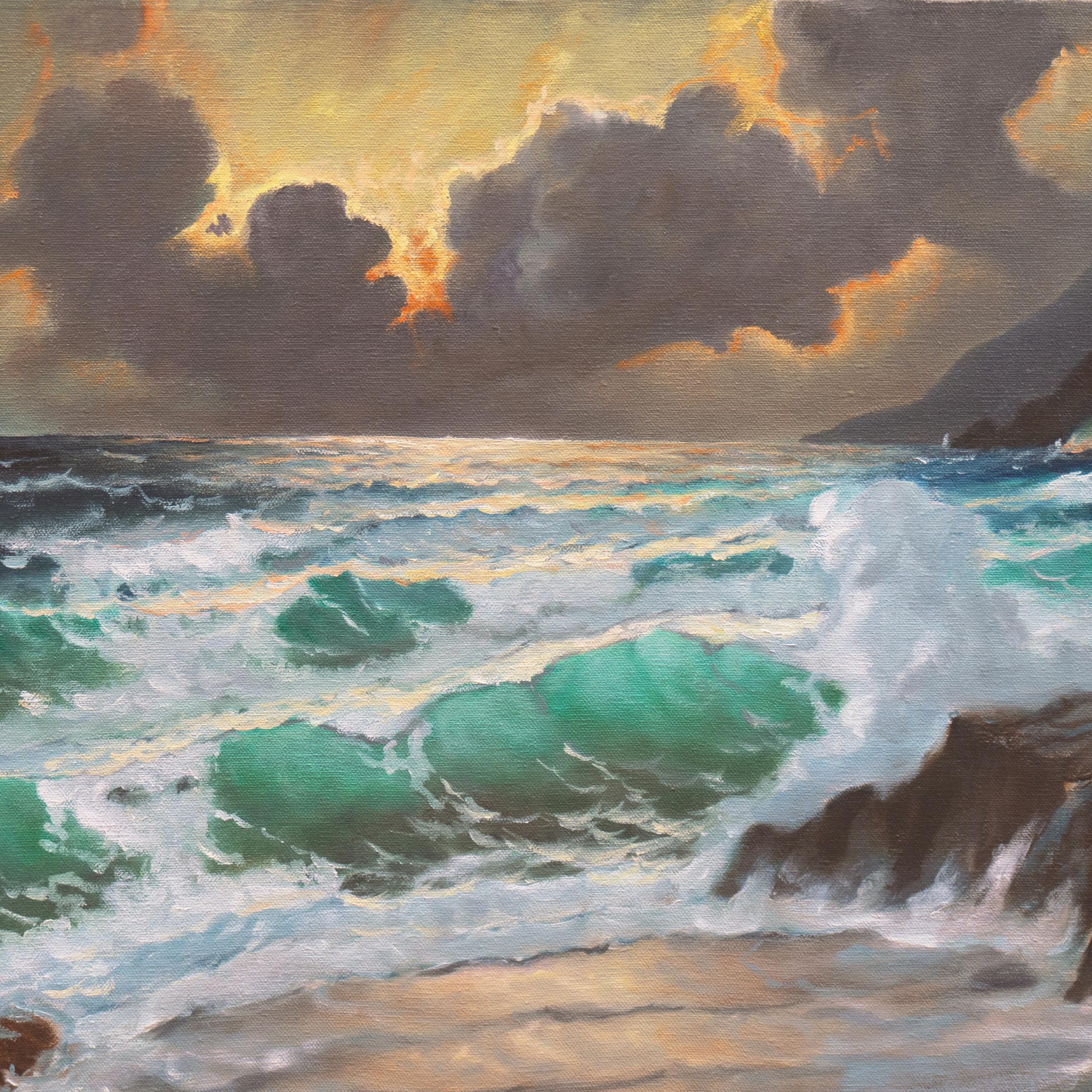 'Sunset Breakers, Rocky Coast'. Pacific Ocean Beach, Seascape, Cypress Trees  - Post-Impressionist Painting by 20th century American School