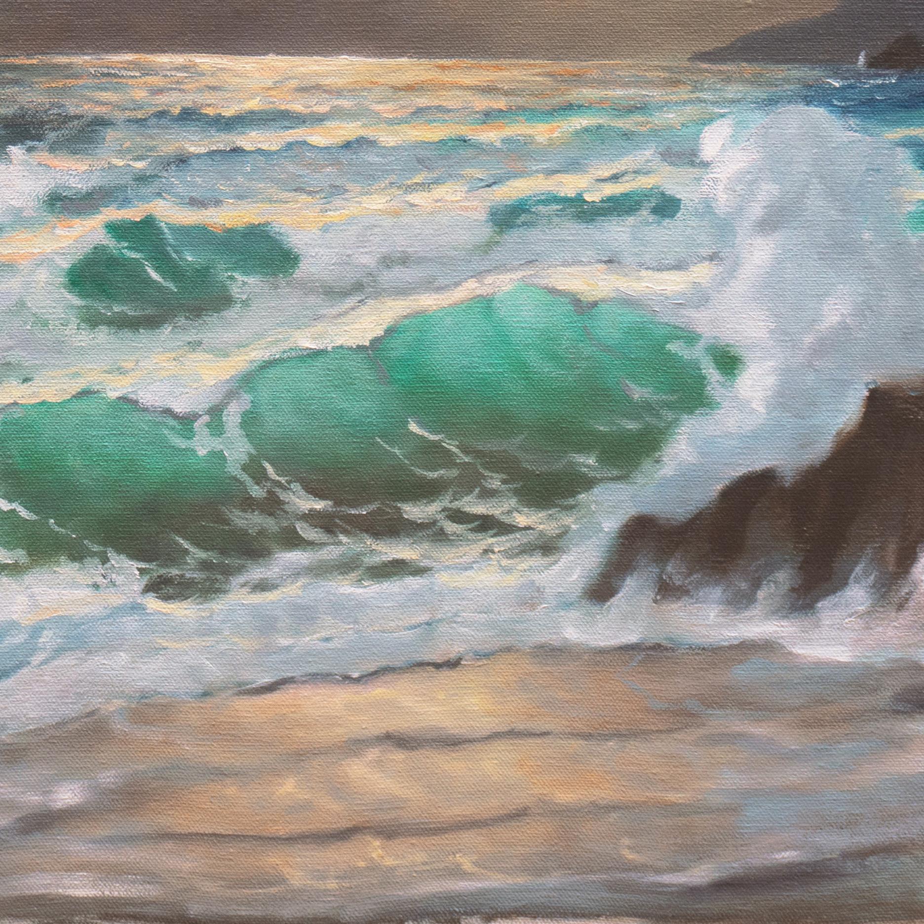 „Sunset Breakers, Rocky Coast“. Strand am Pazifischen Ozean, Meereslandschaft, Zypressenbäume im Angebot 2