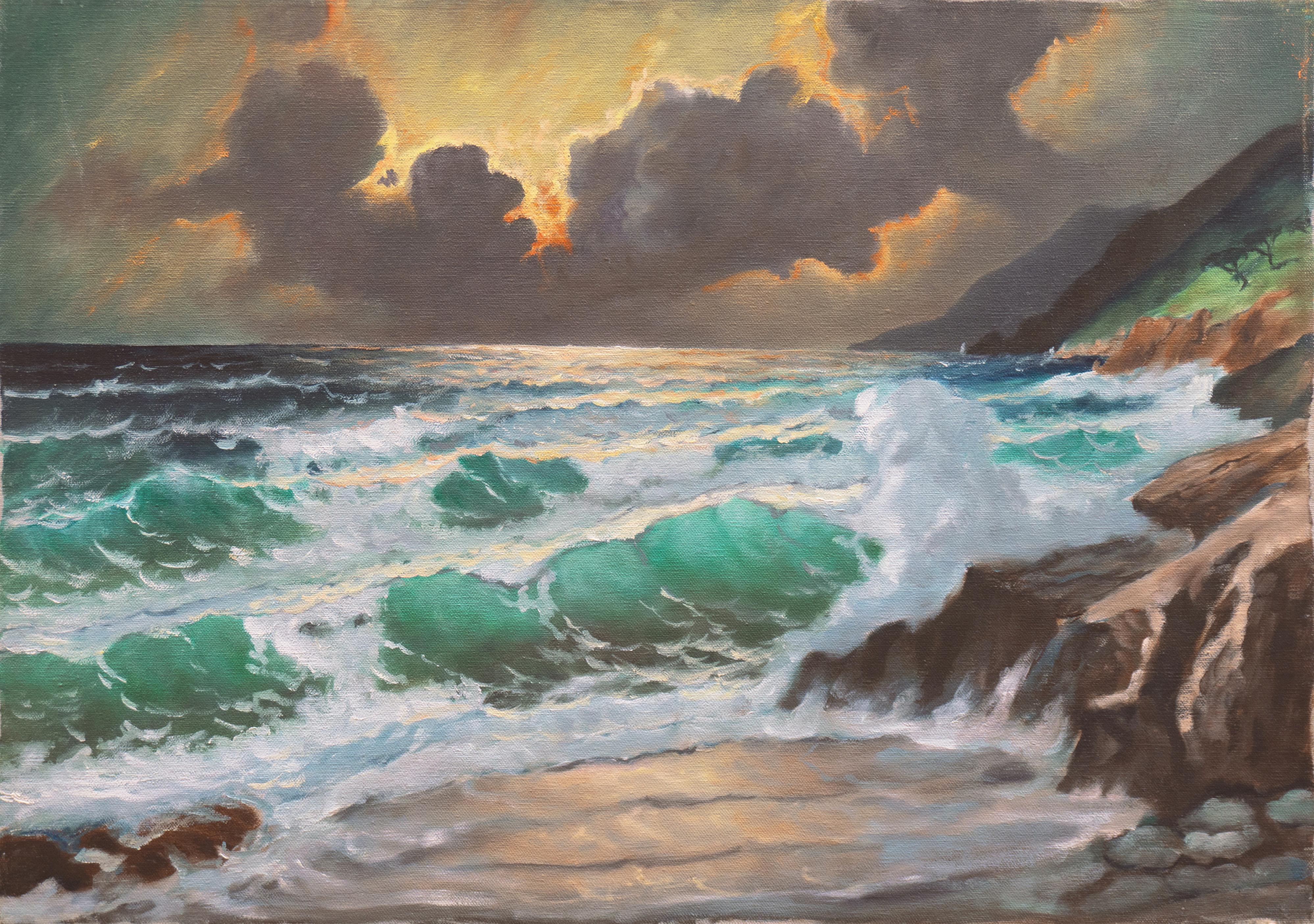 20th century American School Landscape Painting - 'Sunset Breakers, Rocky Coast'. Pacific Ocean Beach, Seascape, Cypress Trees 