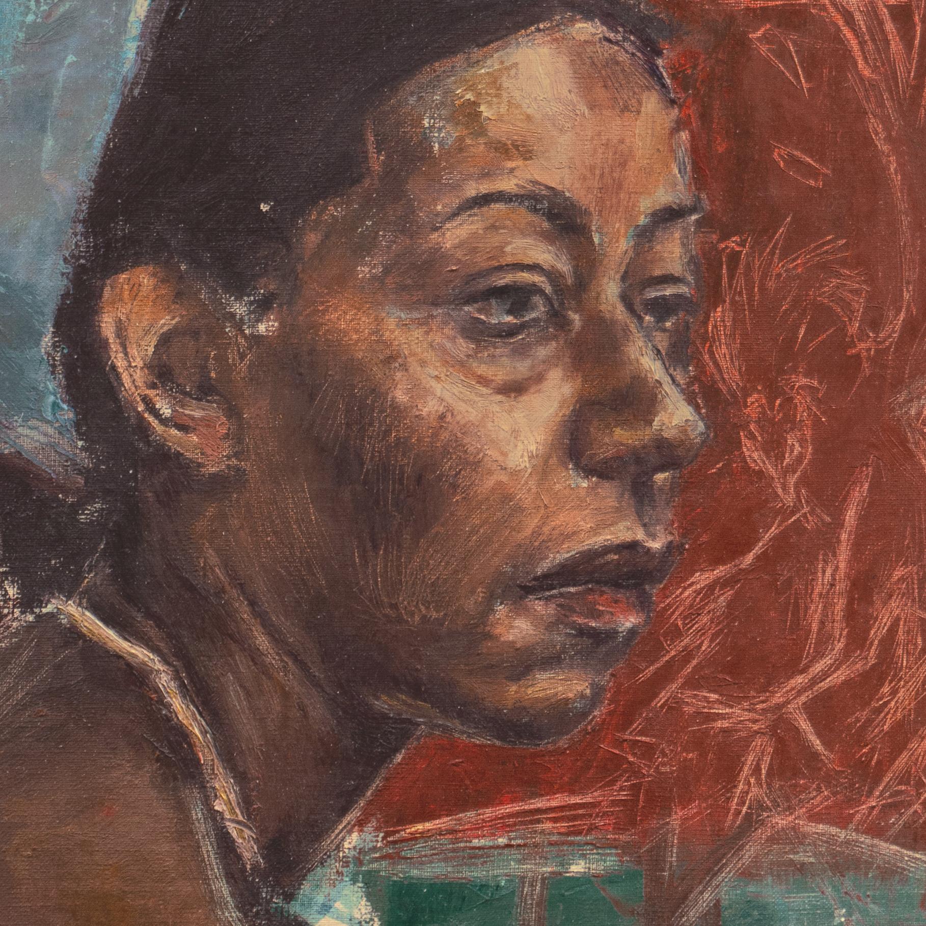'The Blue Scarf', 1960's African American Oil, Study of a Black Woman, Phoenix - Painting by 20th century American School