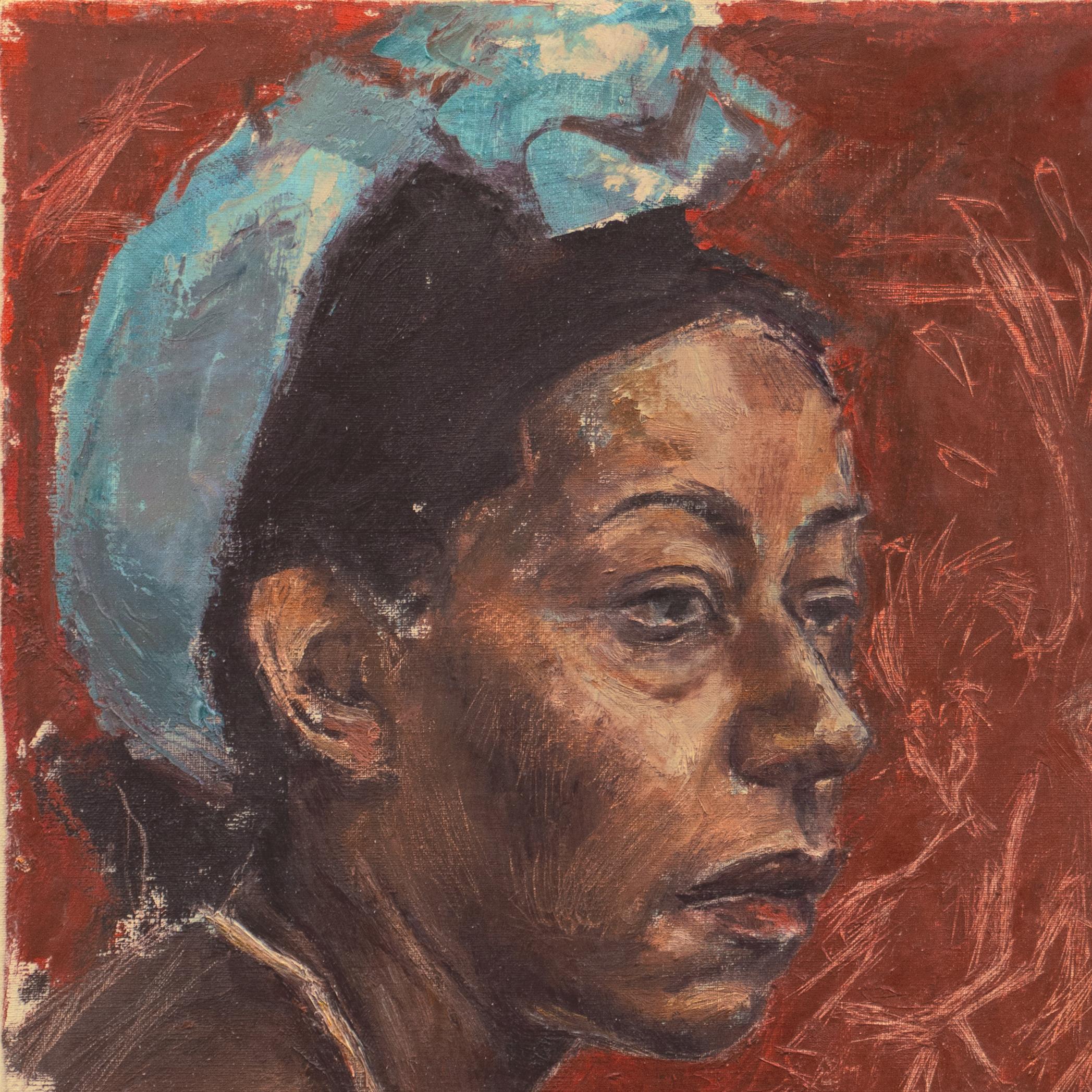'The Blue Scarf', 1960's African American Oil, Study of a Black Woman, Phoenix - Modern Painting by 20th century American School