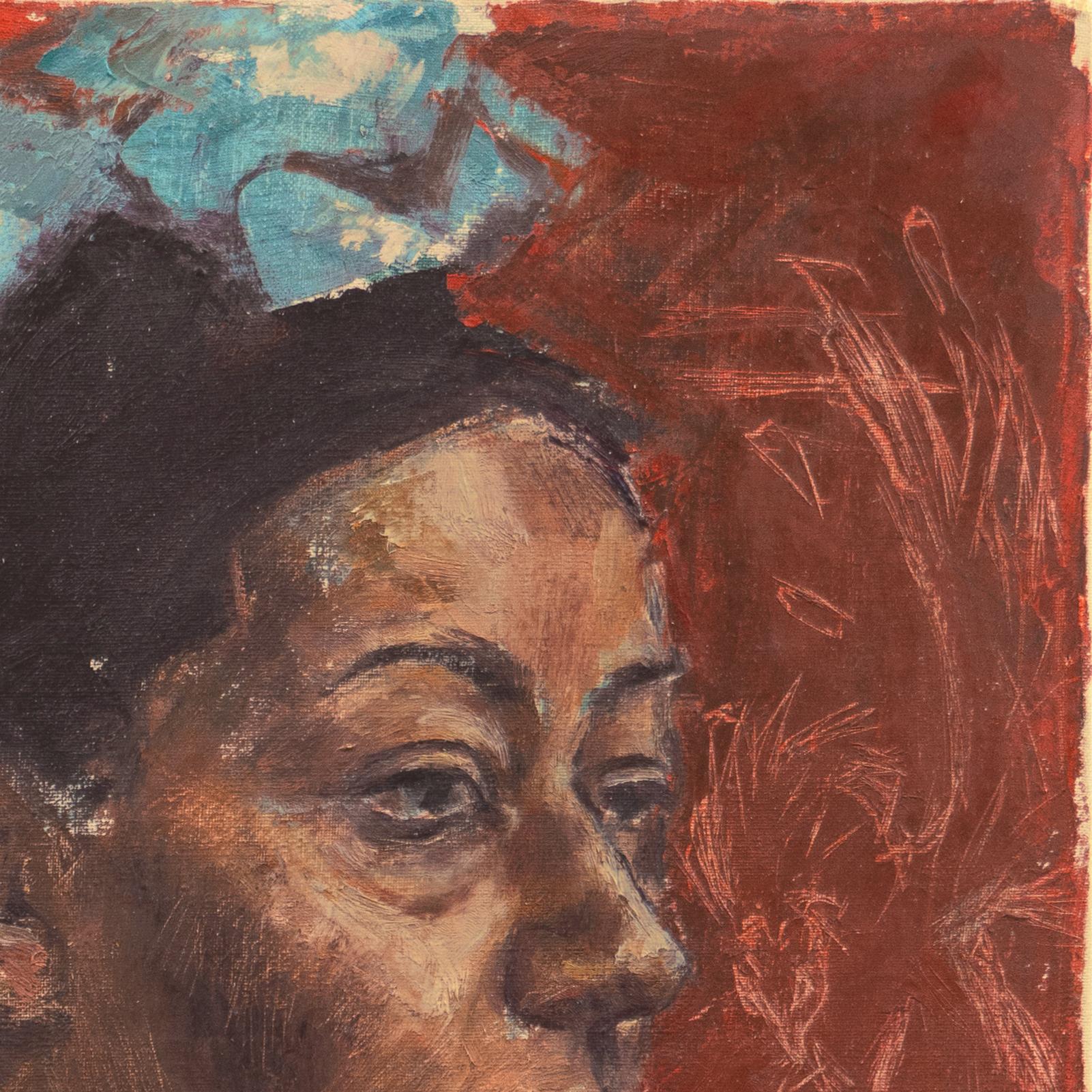 'The Blue Scarf', 1960's African American Oil, Study of a Black Woman, Phoenix For Sale 3