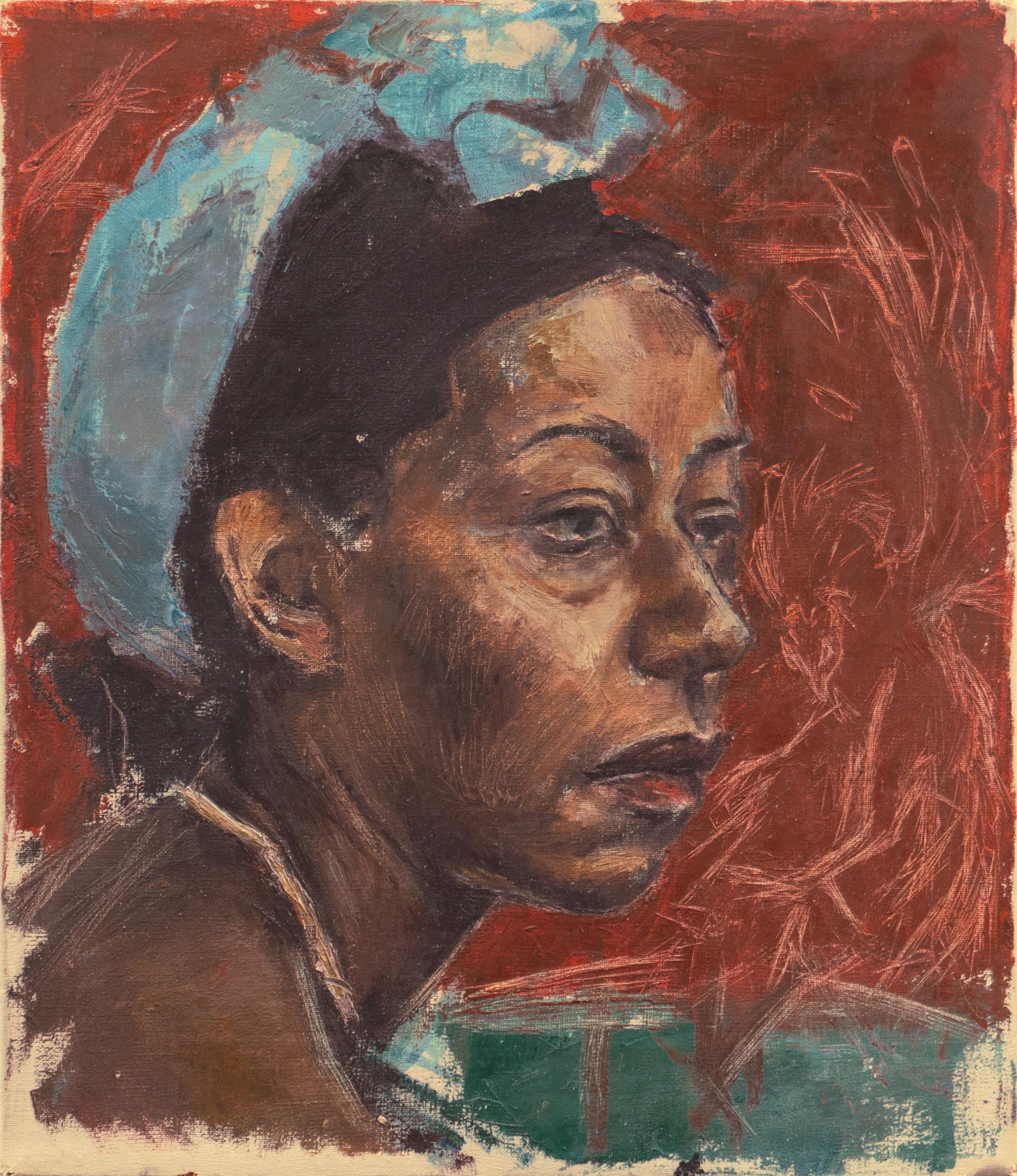 20th century American School Portrait Painting - 'The Blue Scarf', 1960's African American Oil, Study of a Black Woman, Phoenix