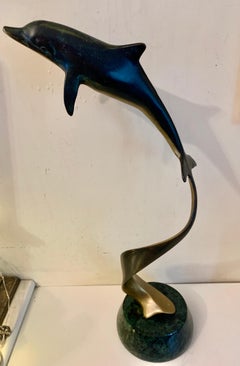 1970s American Modern Bronze Sculpture of a turning, Swimming Dolphin