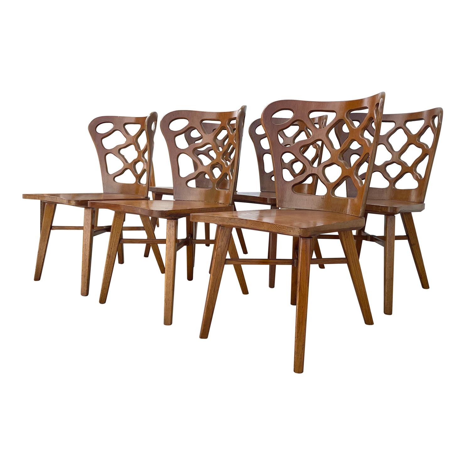 Hand-Carved 20th Century American Set of Six Oakwood, Bent Plywood Dining Chairs by RomWeber