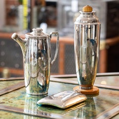 20th Century American Silver & Enamel Cocktail Shakers With Hip Flask, c.1927