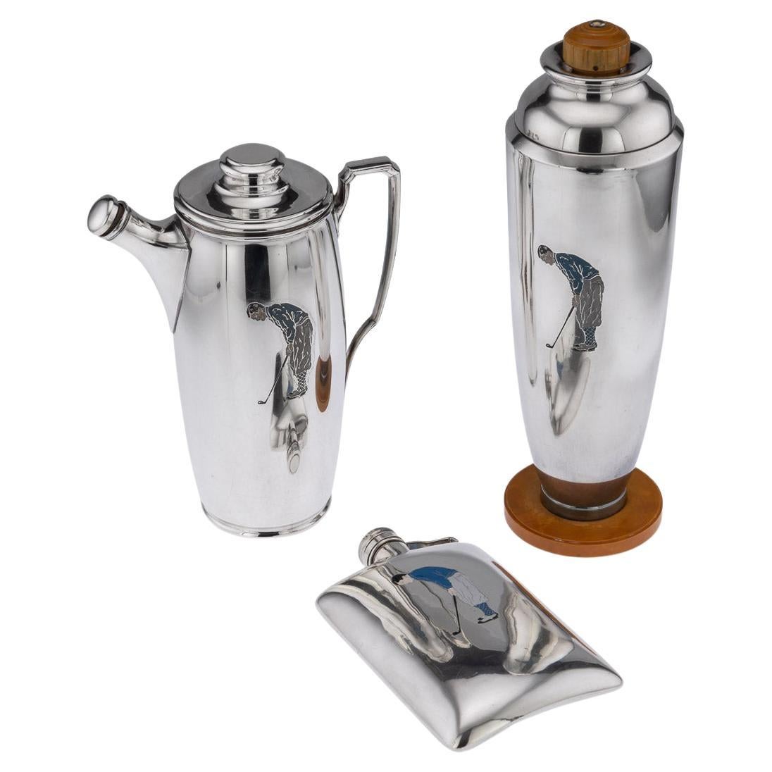 20th Century American Silver & Enamel Cocktail Shakers With Hip Flask, c.1927