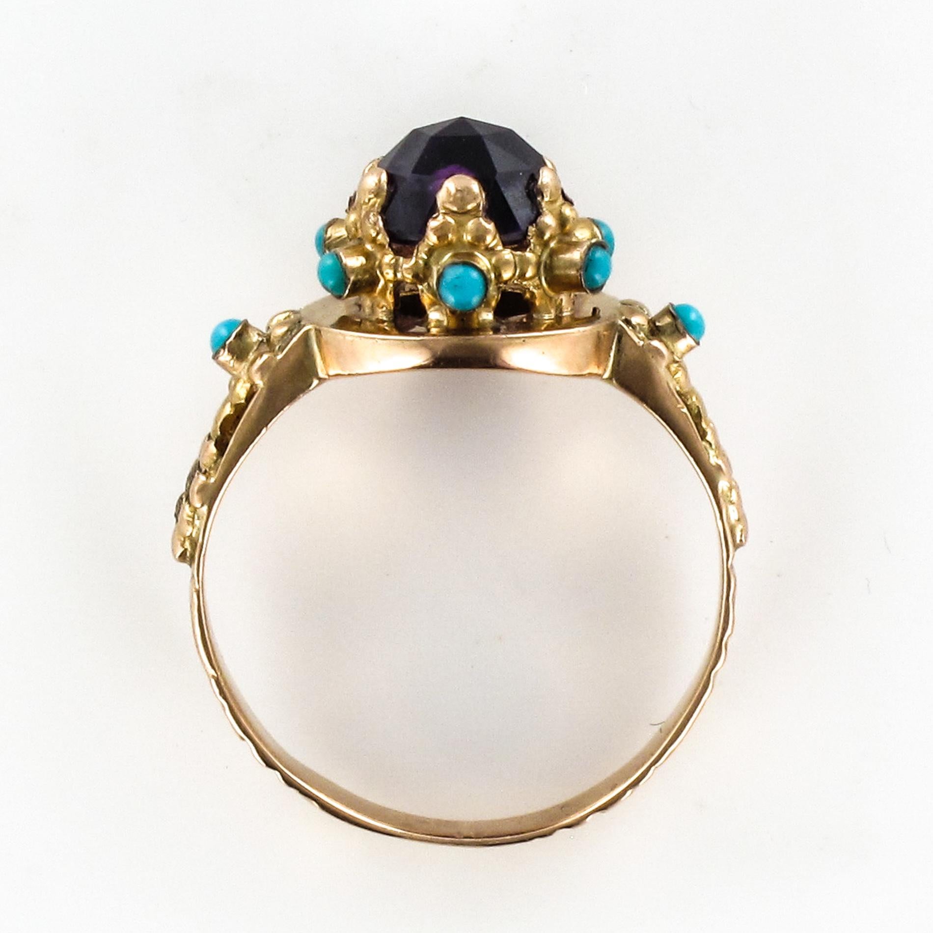 20th Century Amethyst Turquoise 20 Karat Yellow Gold Ring 7