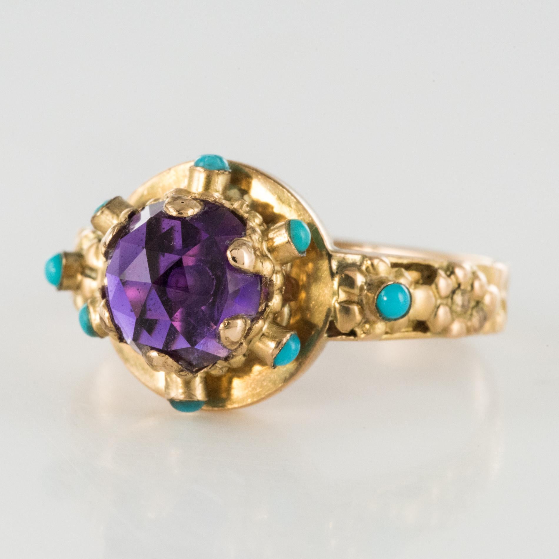 Belle Époque 20th Century Amethyst Turquoise 20 Karat Yellow Gold Ring