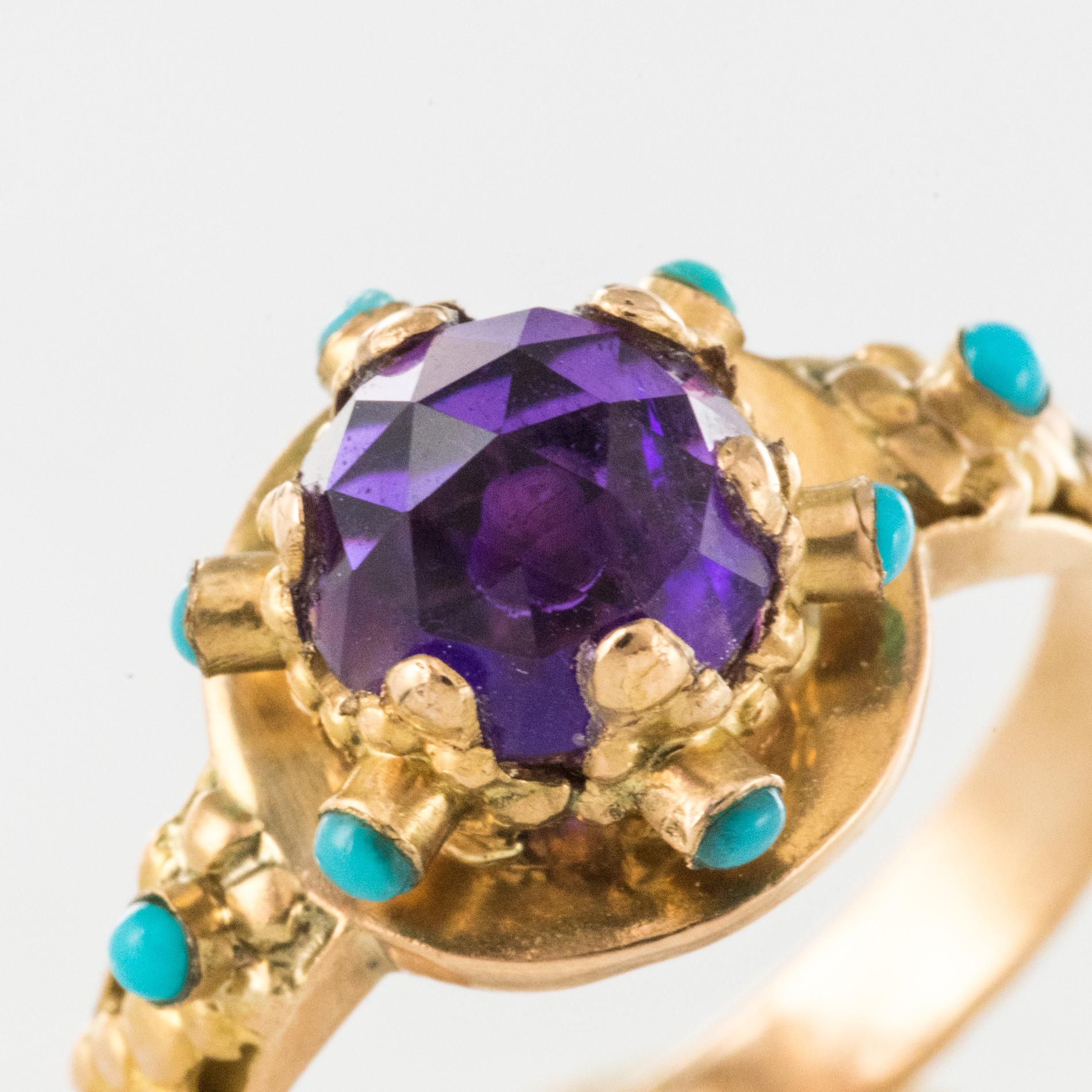 20th Century Amethyst Turquoise 20 Karat Yellow Gold Ring In Good Condition In Poitiers, FR
