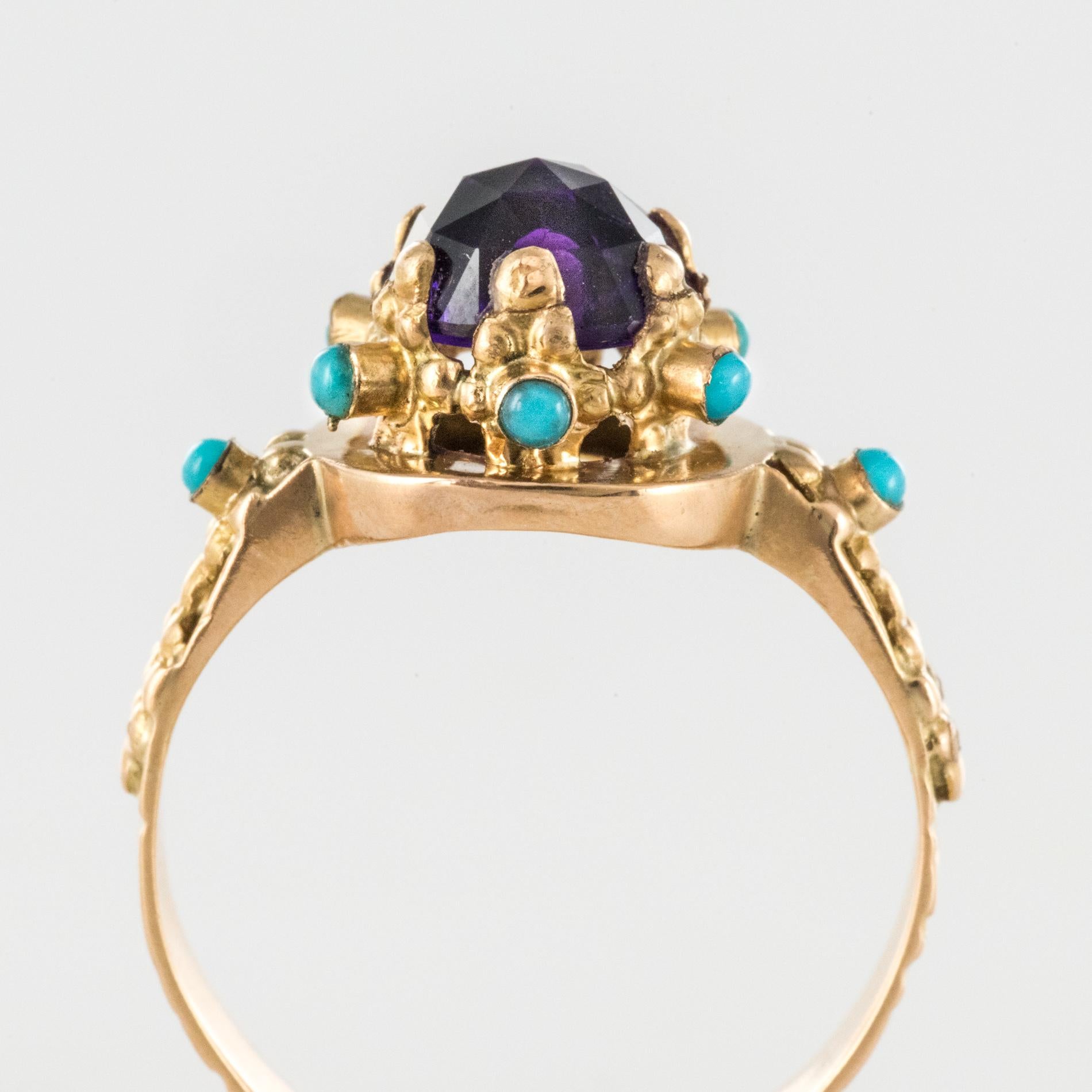 20th Century Amethyst Turquoise 20 Karat Yellow Gold Ring 1