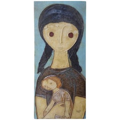 20th Century Amphora Ceramic Wall Plaque of a Girl with Doll, Labeled