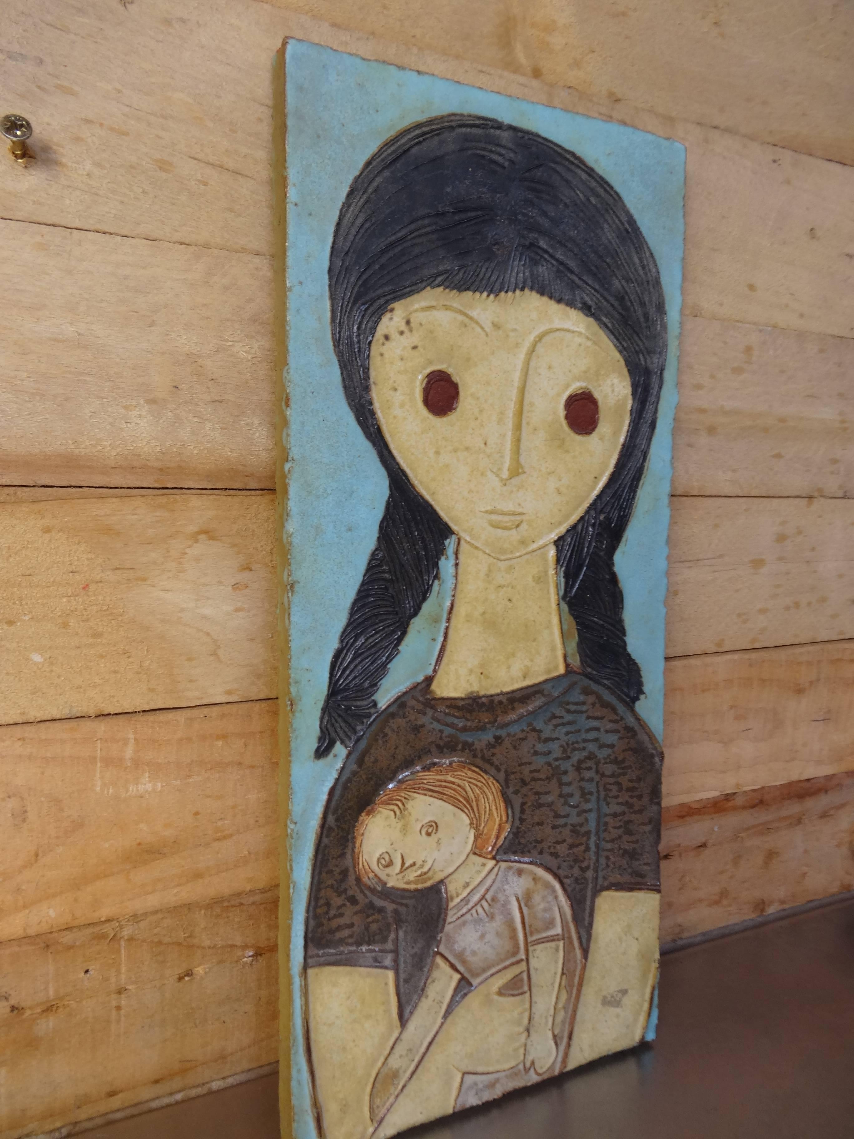 Mid-Century Modern 20th Century Amphora Ceramic Wall Plaque of a Girl with Doll, Labeled For Sale