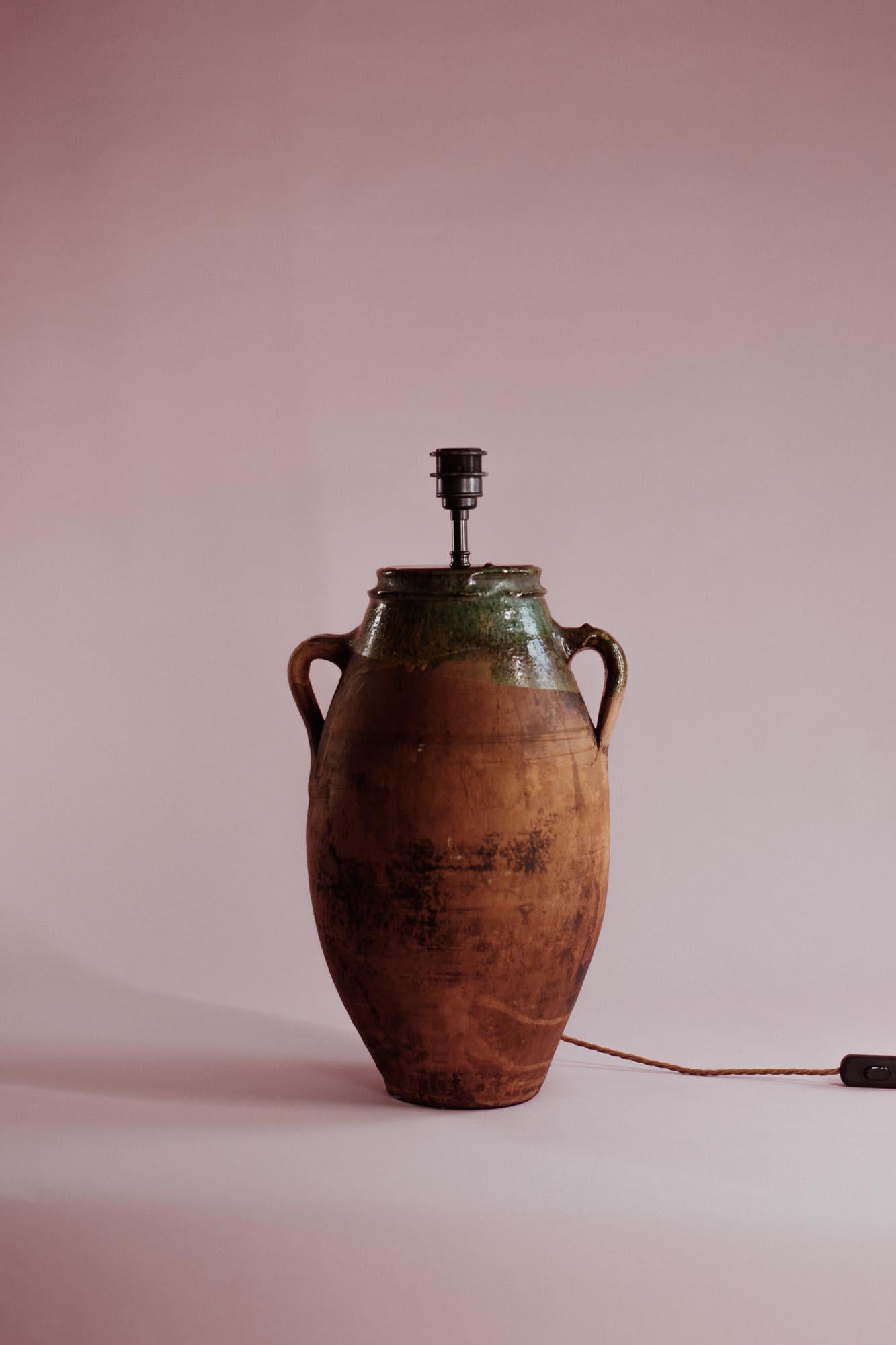 Rustic 20th Century Anatolian Terracotta Table Lamp with Green-Glazed Rim For Sale