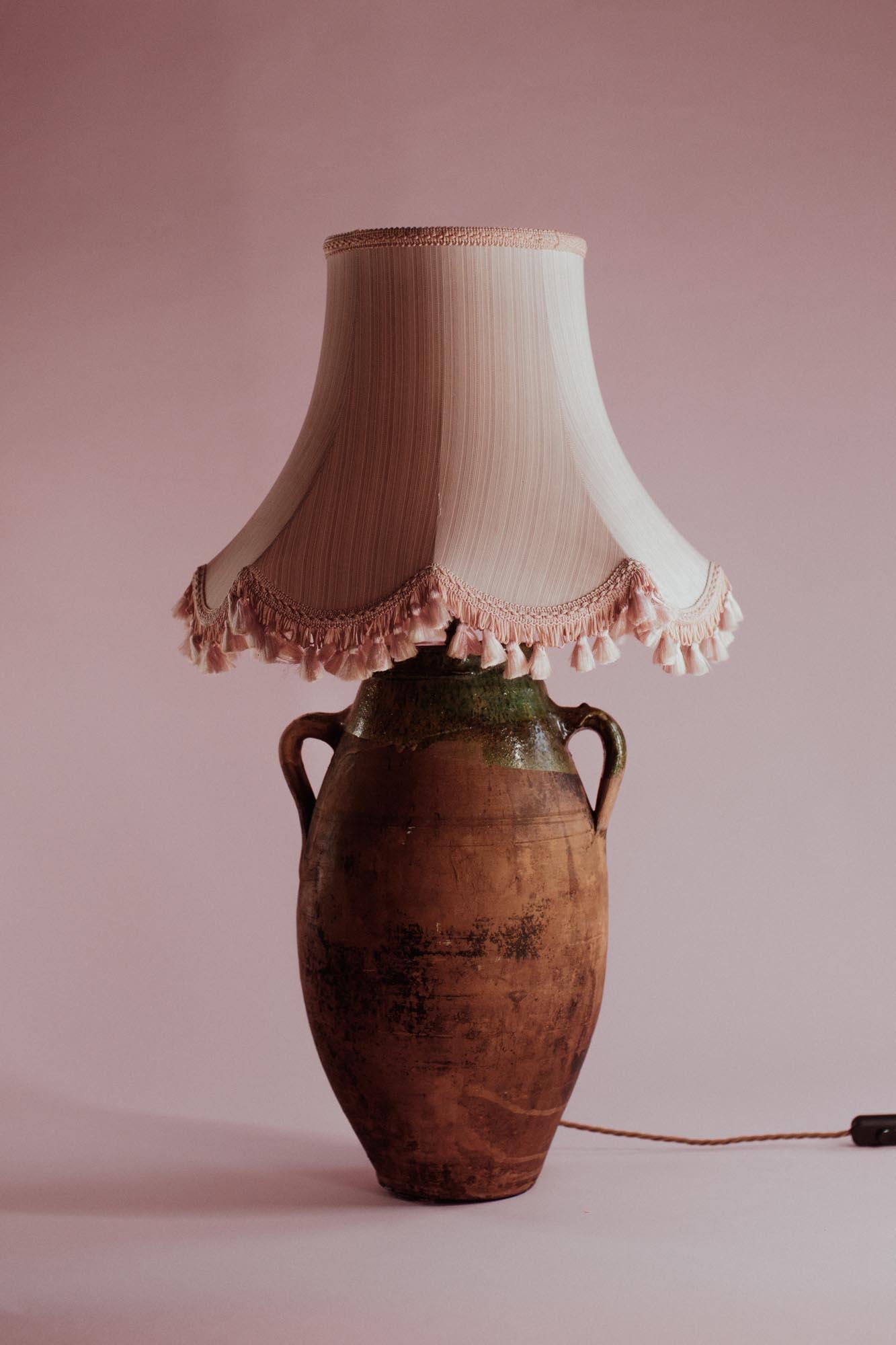 20th Century Anatolian Terracotta Table Lamp with Green-Glazed Rim In Good Condition For Sale In London, GB