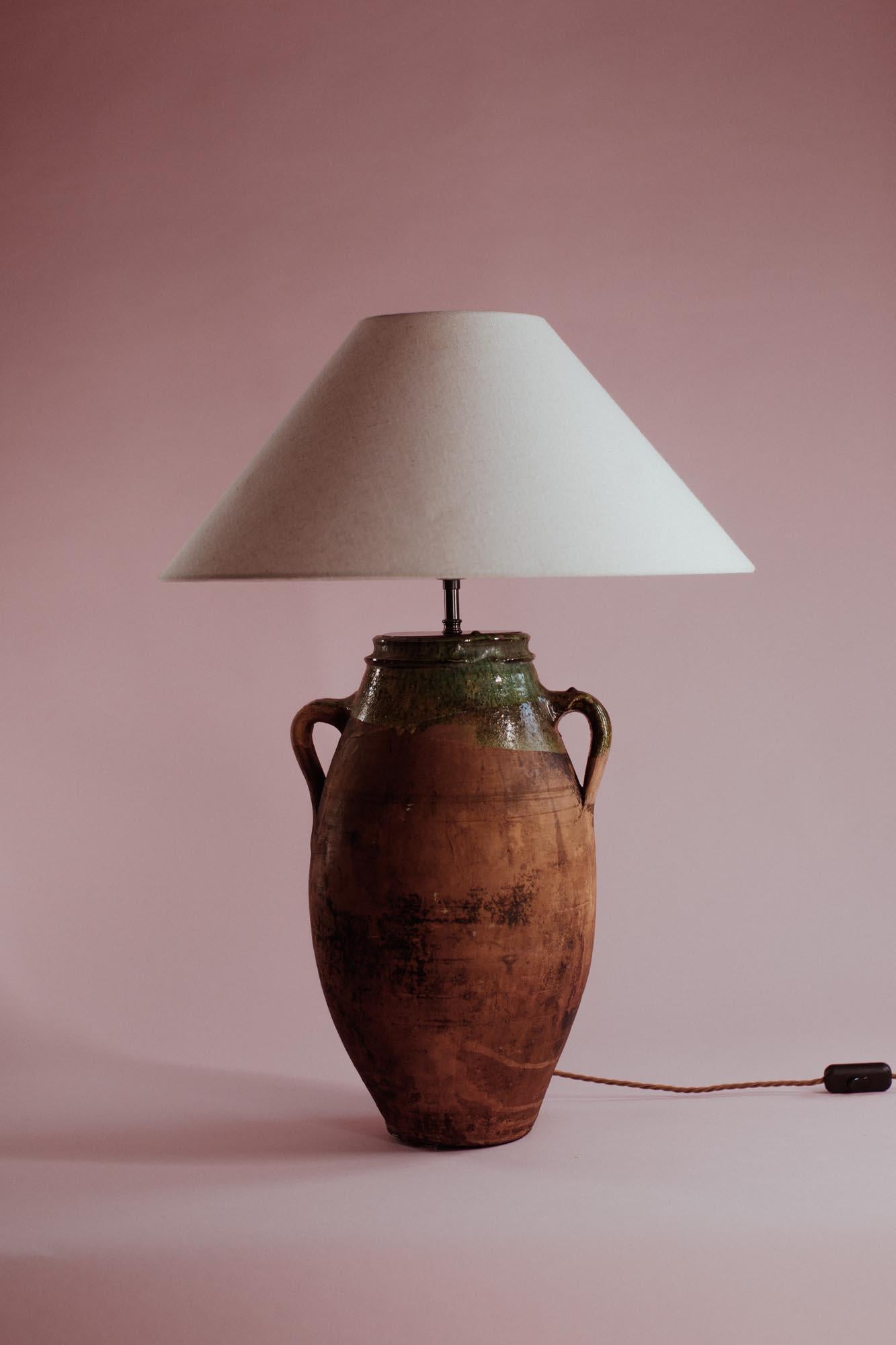 Mid-20th Century 20th Century Anatolian Terracotta Table Lamp with Green-Glazed Rim For Sale