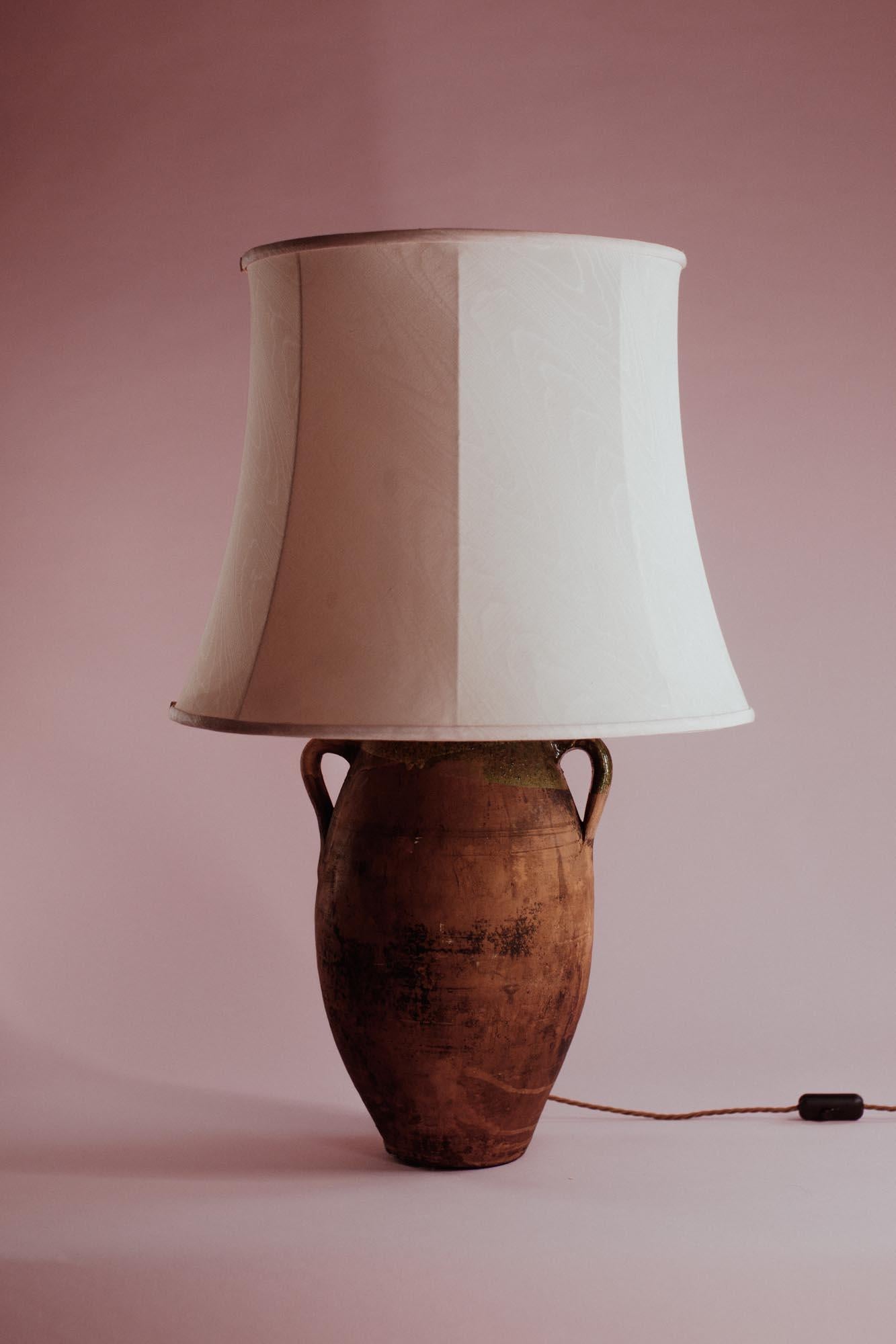 Clay 20th Century Anatolian Terracotta Table Lamp with Green-Glazed Rim For Sale