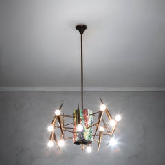 20th Century, Angelo Brotto for Esperia Brass and Ceramic Pendant Lamp mod. 4013