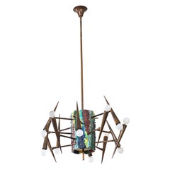 20th Century, Angelo Brotto for Esperia Brass and Ceramic Pendant Lamp mod. 4013