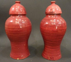 20th Century Anglo-Indian Raspberry Color Ceramic Couple of Vases with Lid