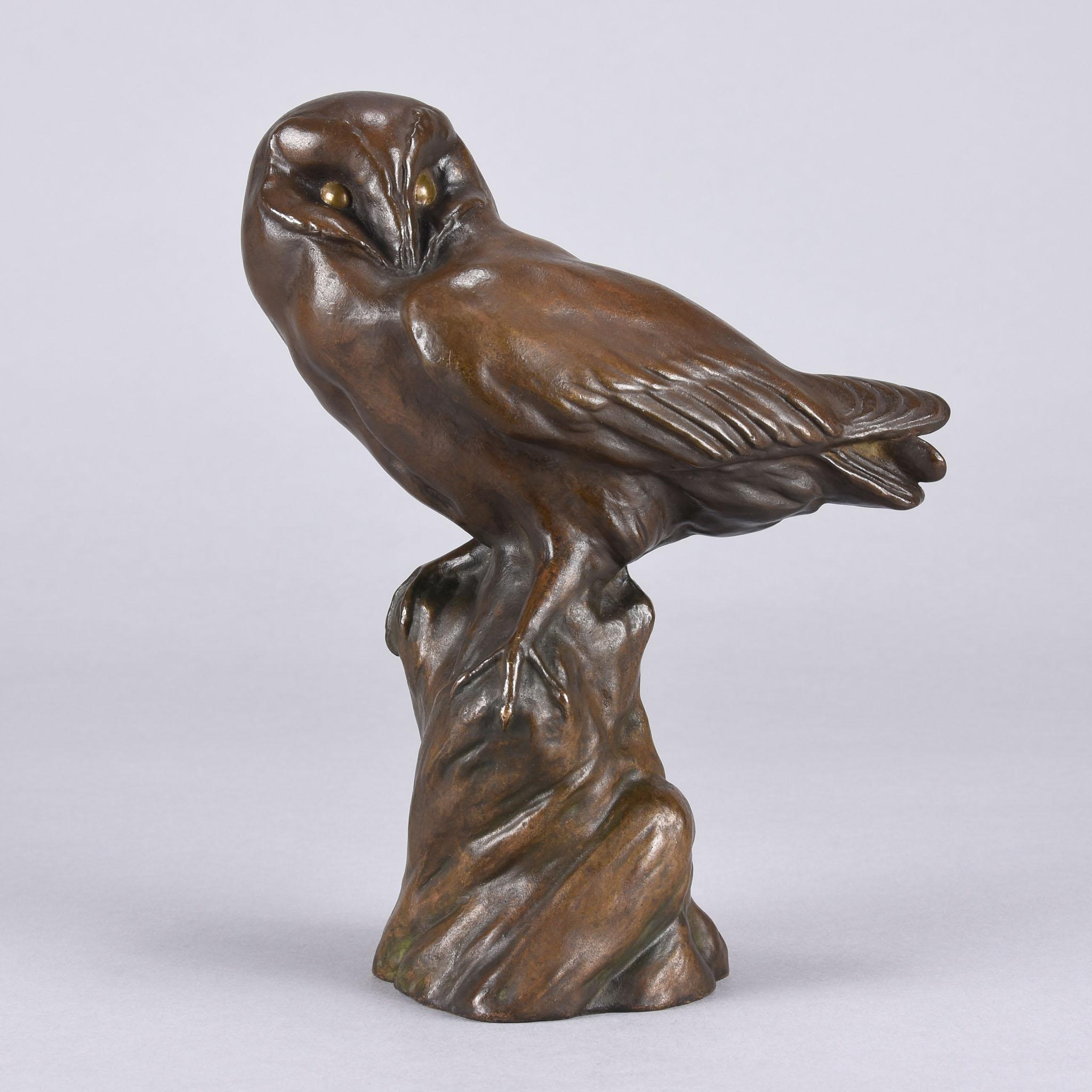 An endearing early 20th century bronze study of an owl perched upon a branch with excellent colour and very fine smooth tactile surface, signed and dated 1921
Additional information

Height: 20.5 cm 

Condition: excellent original