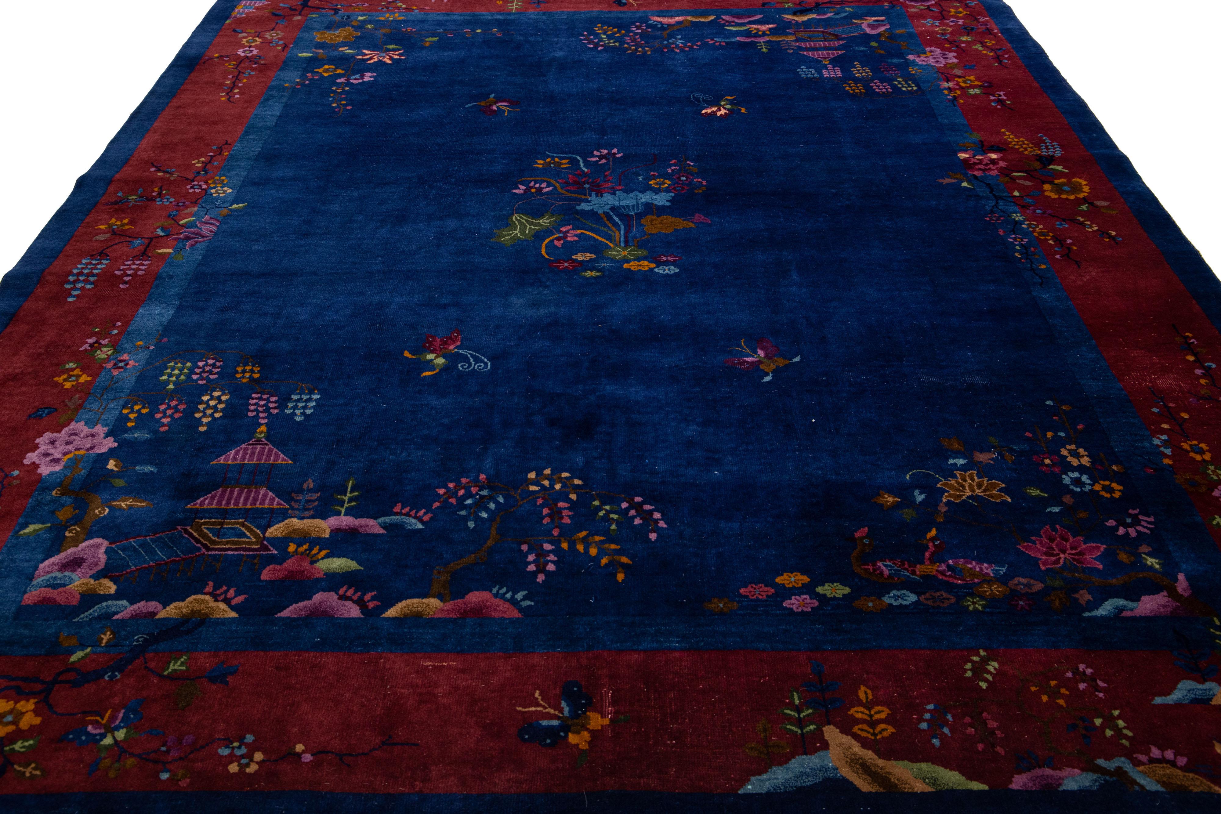 Hand-Knotted 20th Century Antique Art Deco Handmade Blue Chinese Wool Rug Floral Design For Sale
