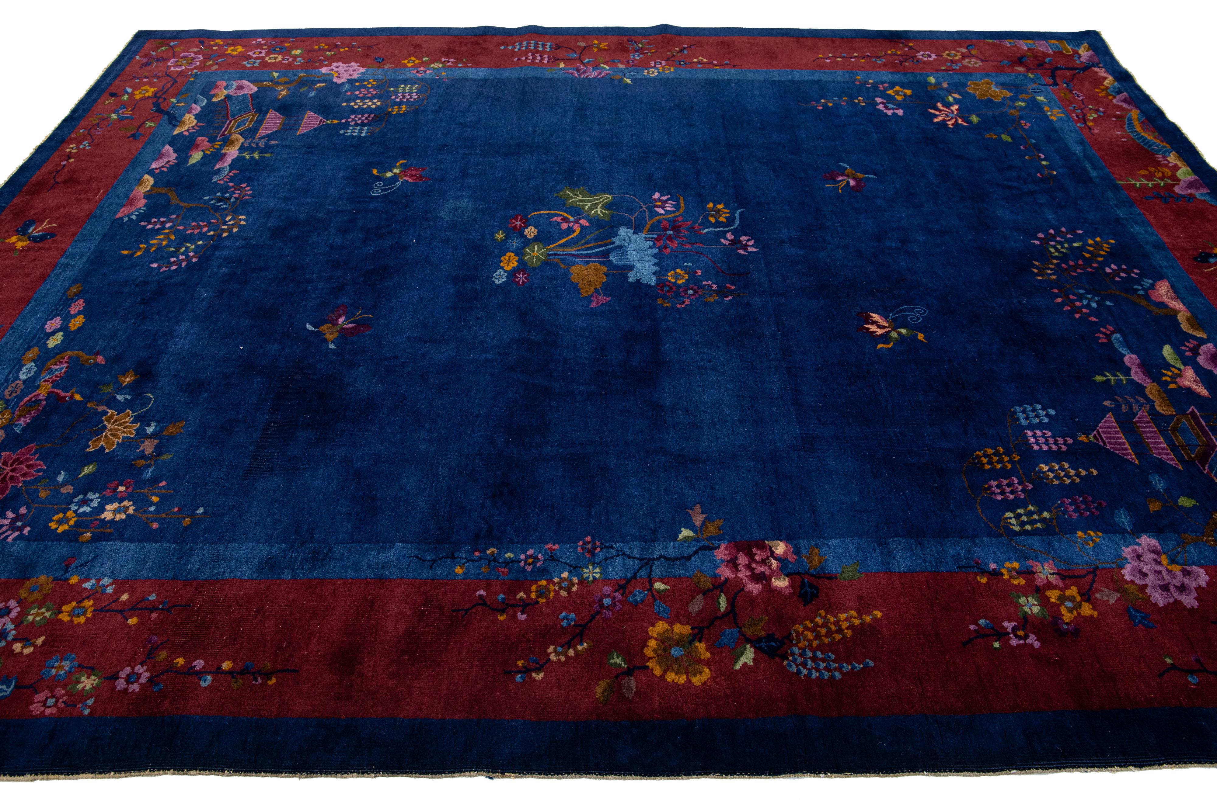 20th Century Antique Art Deco Handmade Blue Chinese Wool Rug Floral Design In Excellent Condition For Sale In Norwalk, CT
